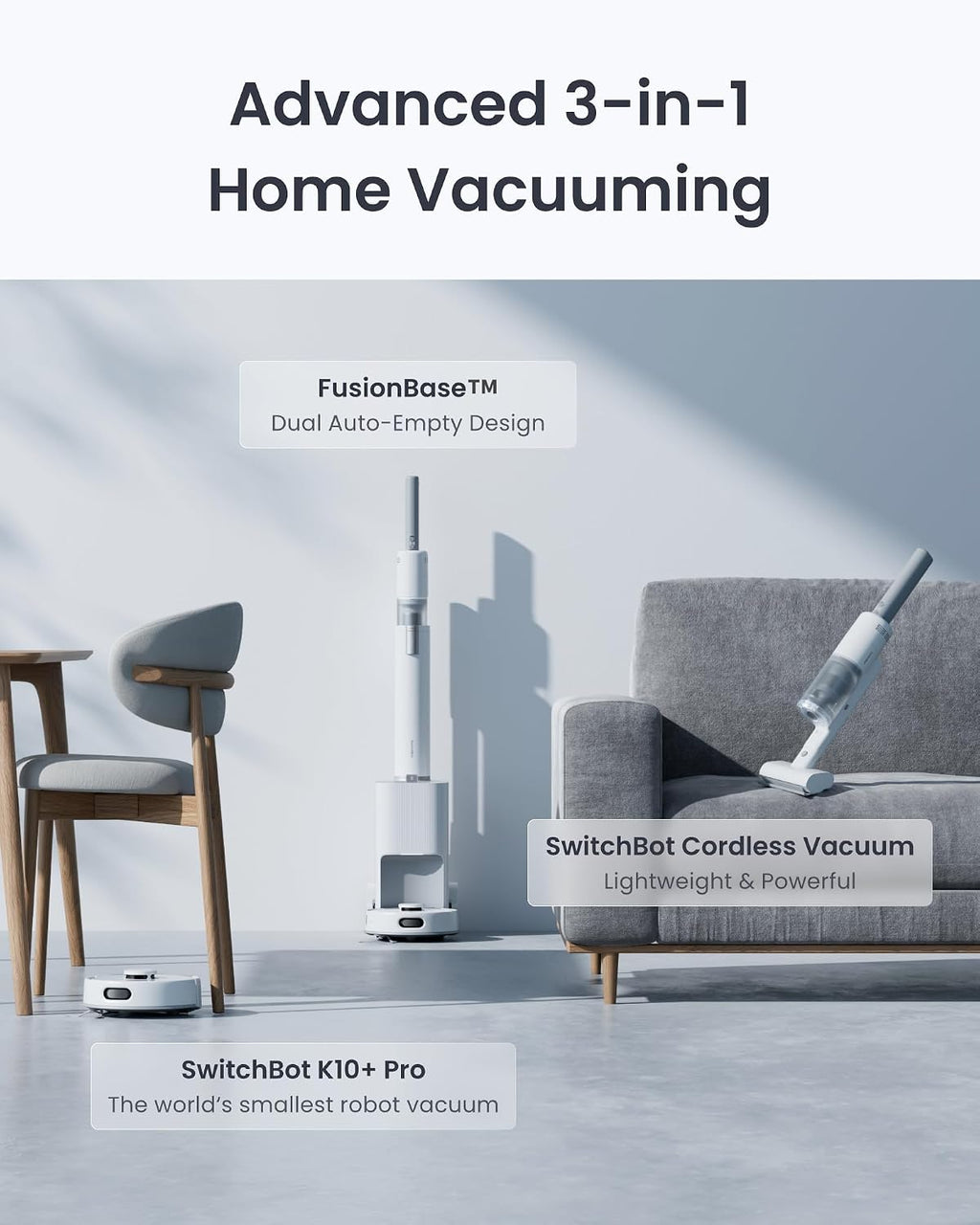 SwitchBot Robot Vacuum & Cordless Vacuum Cleaner K10+ Pro Combo, Self Emptying Up to 70 Days,Compact,Lightweight,Quiet,Support Matter,Work with Alexa,Google Home,Apple Home, for Carpet,Crevices,Stairs