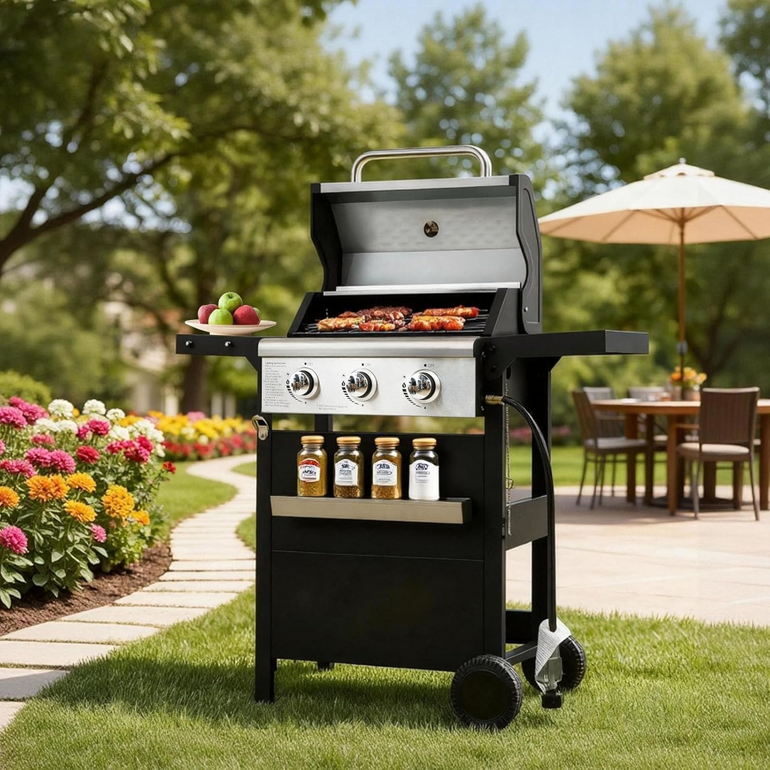 3-Burner Propane Gas Grill with Heavy Duty Waterproof Cover | 27,000 BTU, 3 Stainless Steel Gas Grill Burners & Electronic Ignition, Detachable Oil Tray for Outdoor BBQ Grill