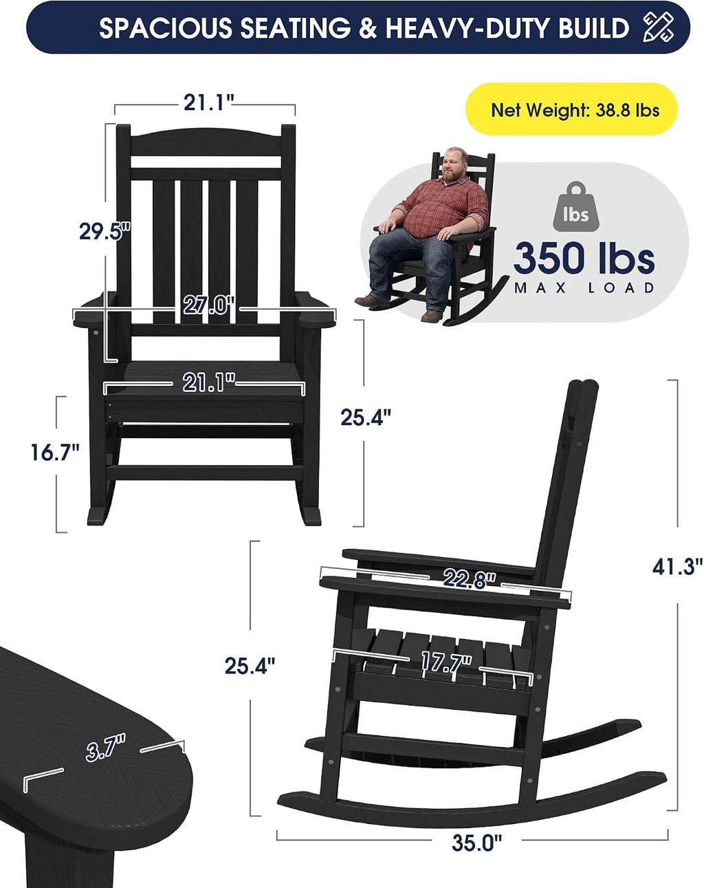 KINGYES Oversized Outdoor Rocking Chairs, HDPE All-Weather Patio Rocking Chairs High Back Porch Rocker for Adult, Black