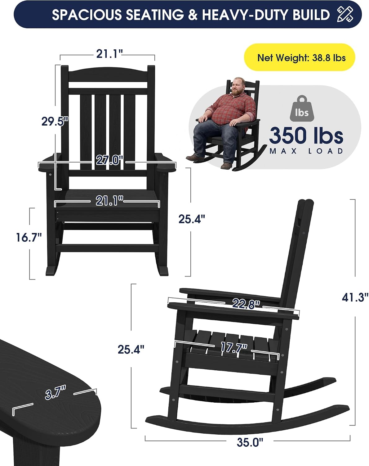 KINGYES Oversized Outdoor Rocking Chair Set of 4, High Density Polyethylene Patio Rocking Chairs with 350lbs Support for Adults, Black