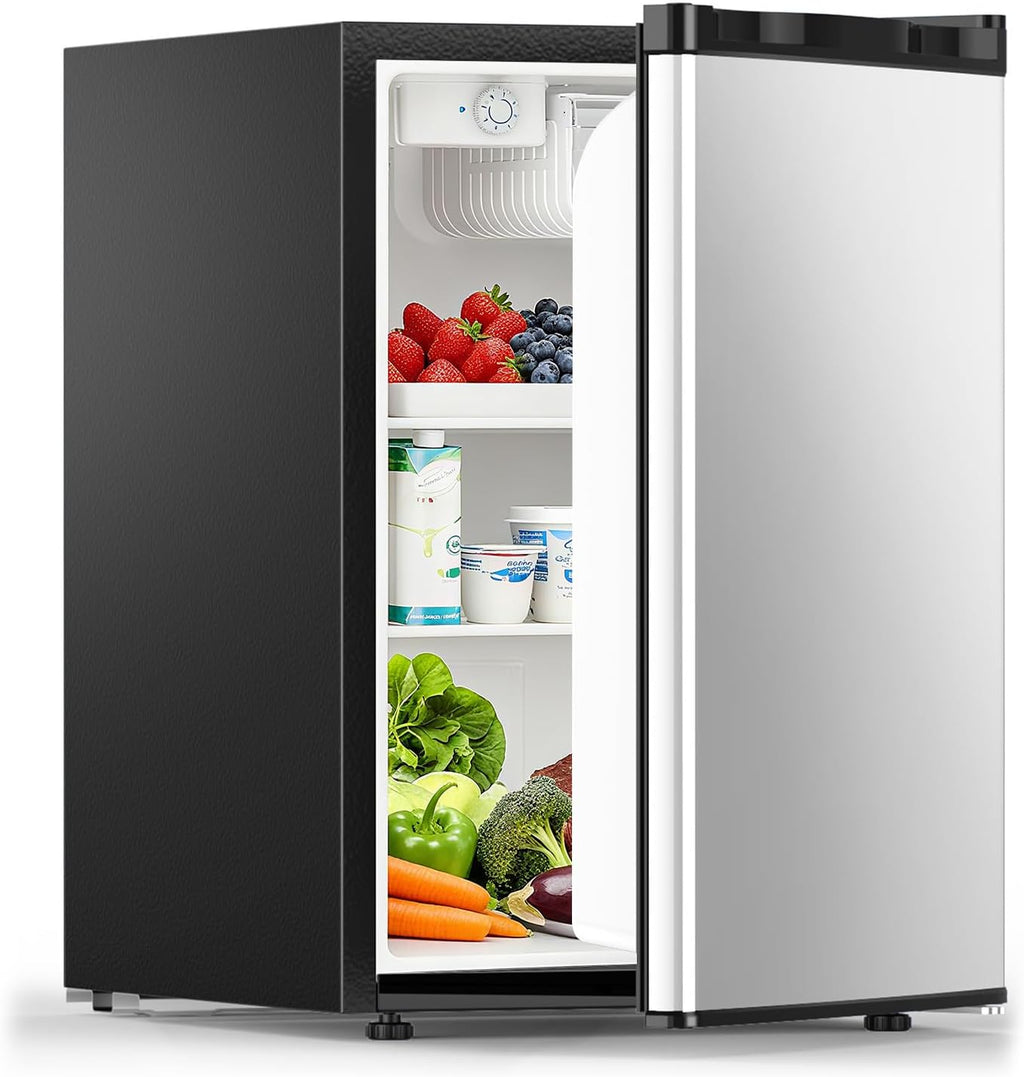 COWSAR 2.6 Cu.Ft Dorm Fridge with Freezer, Single Reversible Door Compact Refrigerator, Adjustable Thermostat, 2 Removable Shelves, Commercial Drink Fridge for Bedroom, Office, Kitchen, Dorm, Silver