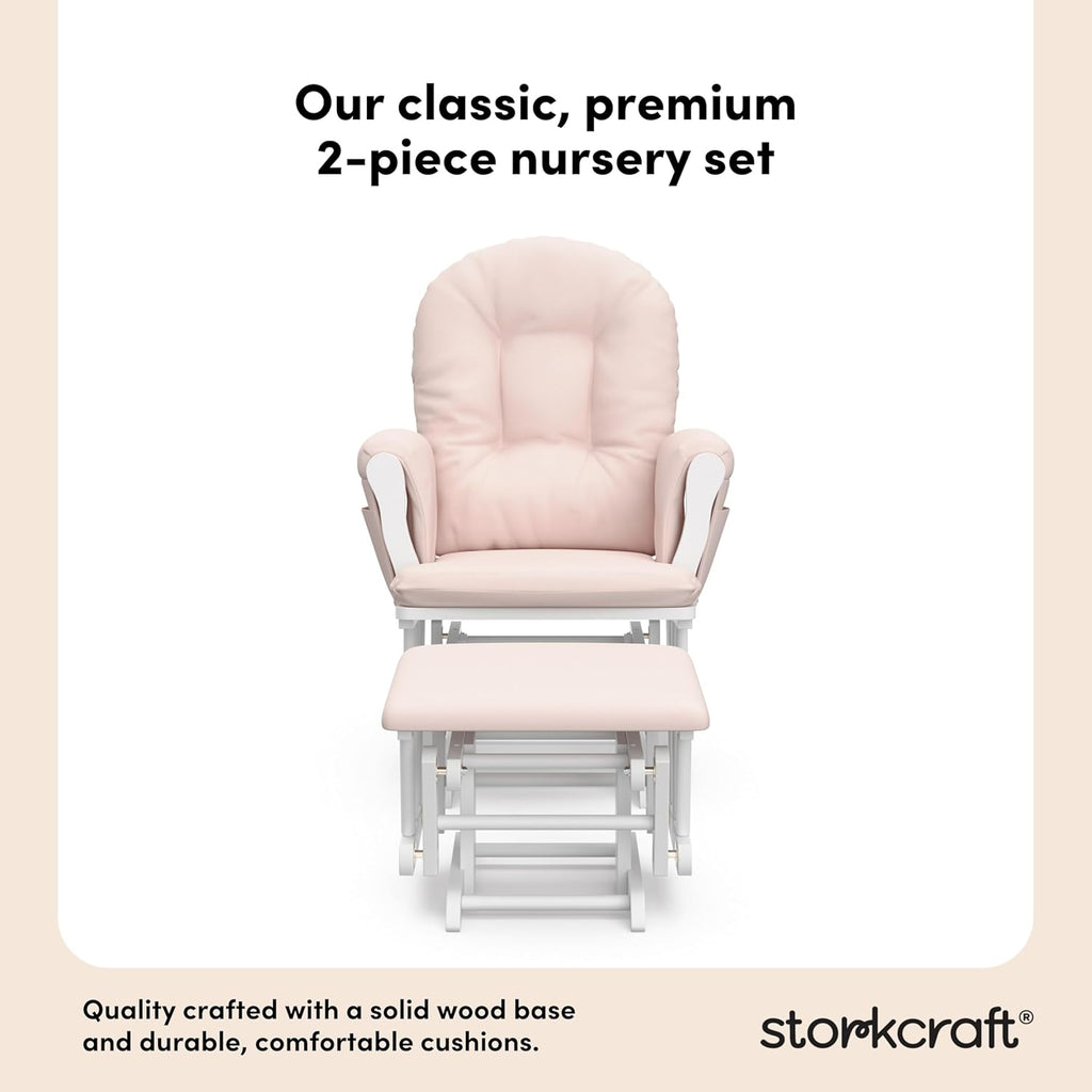 Storkcraft Premium Hoop Glider & Ottoman (White/Pink) — GREENGUARD Gold Certified Nursery Glider, Solid Wood Craftsmanship, Smooth-Gliding Nursery Chair and Ottoman, Award-Winning