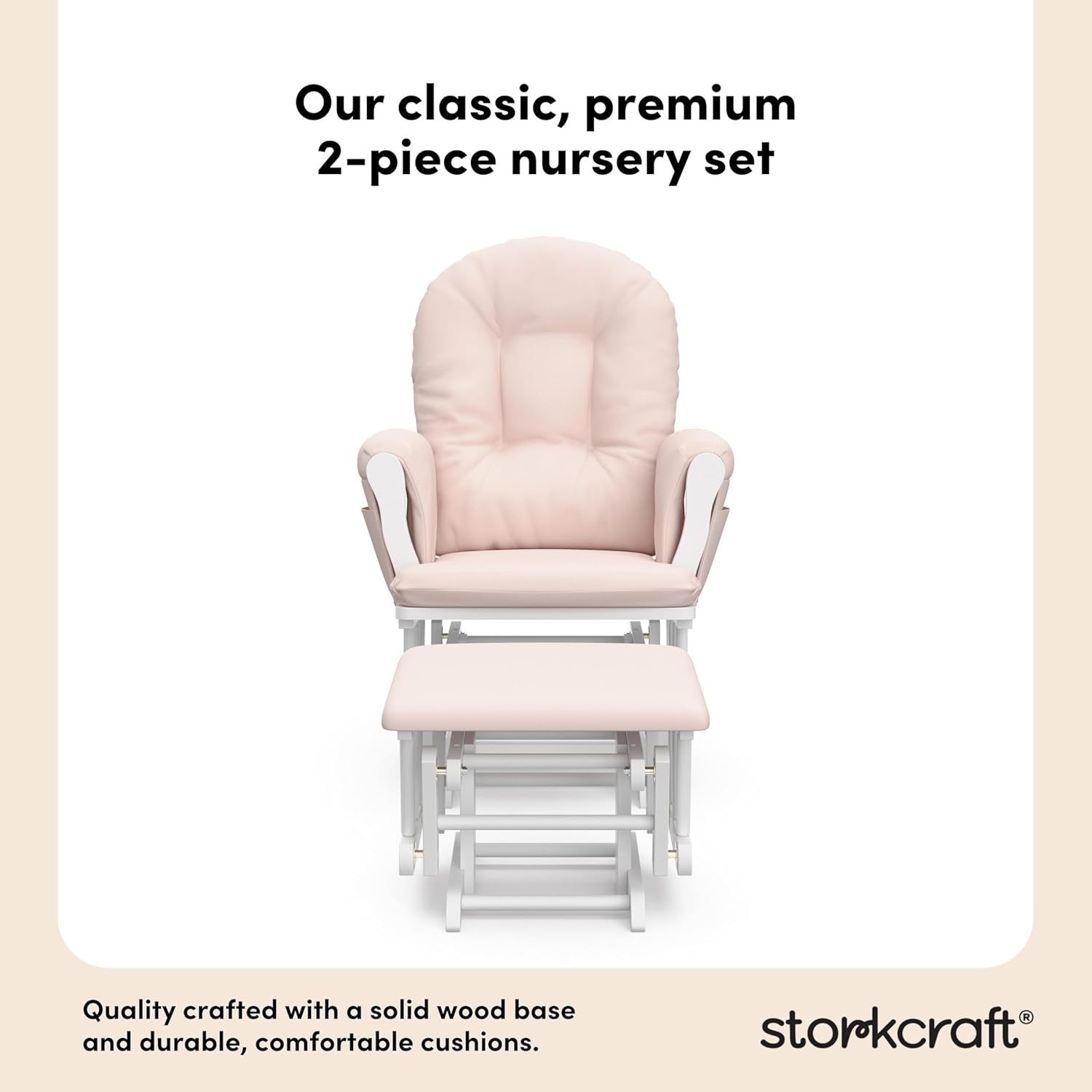 Storkcraft Premium Hoop Glider & Ottoman (White/Pink) — GREENGUARD Gold Certified Nursery Glider, Solid Wood Craftsmanship, Smooth-Gliding Nursery Chair and Ottoman, Award-Winning