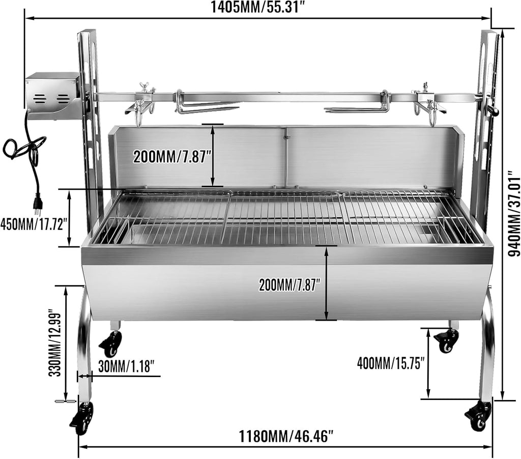 Stainless Steel Rotisserie Grill with Back Cover Guard, Electric 25W Motor Outdoor Cooking Spit Roaster, 48.7 Inch Rated 176 LBS BBQ Whole Pig Charcoal Grill Rotisserie Roaster System
