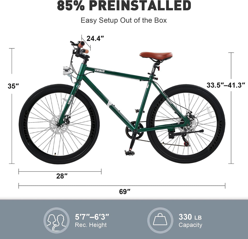VIRIBUS Hybrid Bikes, 28 inch Mens Hybrid Bicycle 7 Speed with Lightweight Aluminum Frame & Disc Brakes, 700C Retro Vintage Adult Bike for Tall Men & City Commuters 85% Pre-Assembled