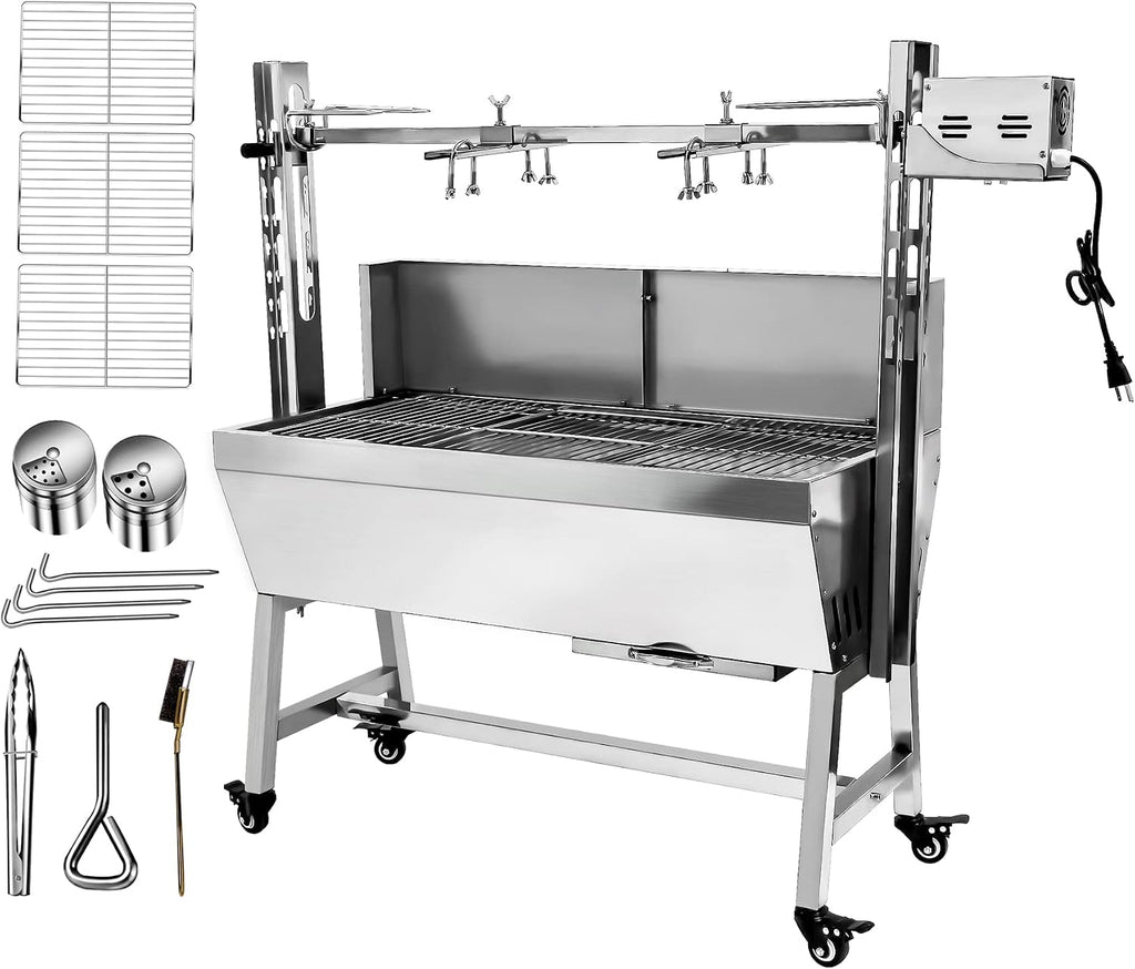 Stainless Steel Rotisserie Grill with Back Cover Guard, 25W Motor Small Pig Lamb Rotisserie Roaster, 37'' 2 in 1 BBQ Charcoal Rotisserie Grill for Camping Outdoor Kitchen