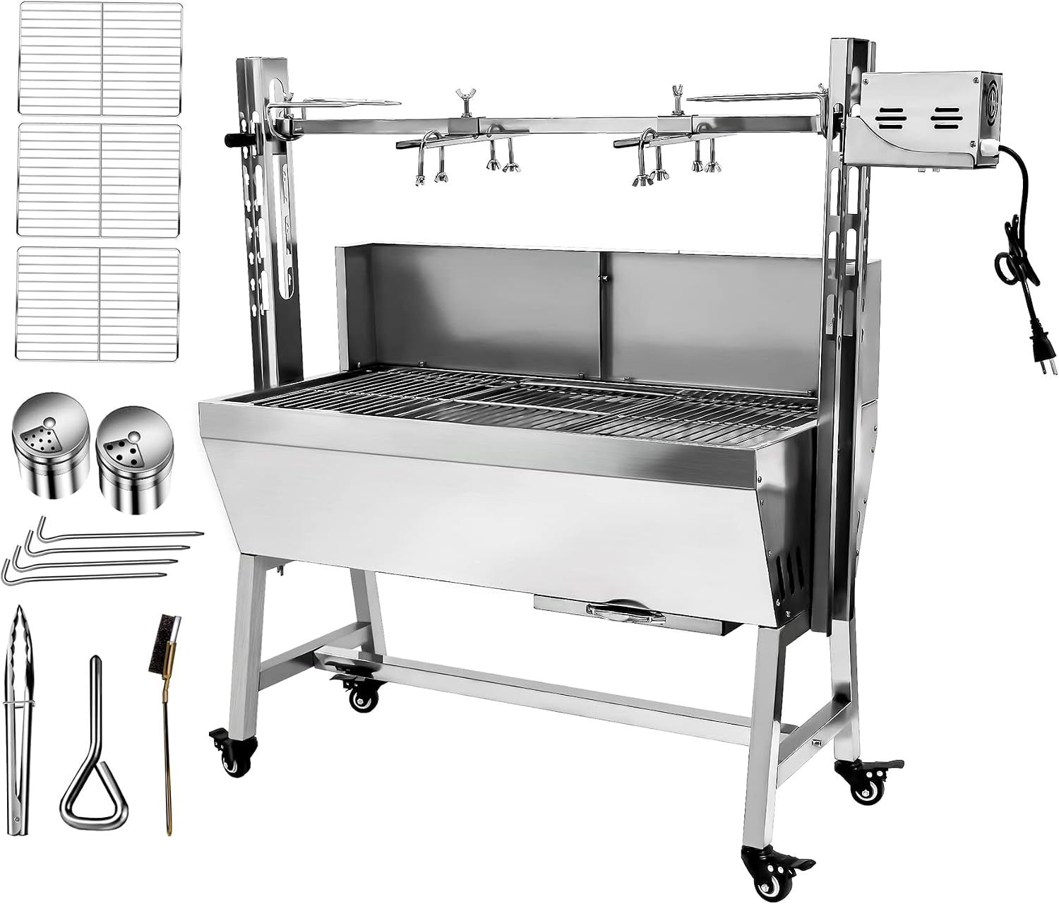 Stainless Steel Rotisserie Grill with Back Cover Guard, 25W Motor Small Pig Lamb Rotisserie Roaster, 37'' 2 in 1 BBQ Charcoal Rotisserie Grill for Camping Outdoor Kitchen