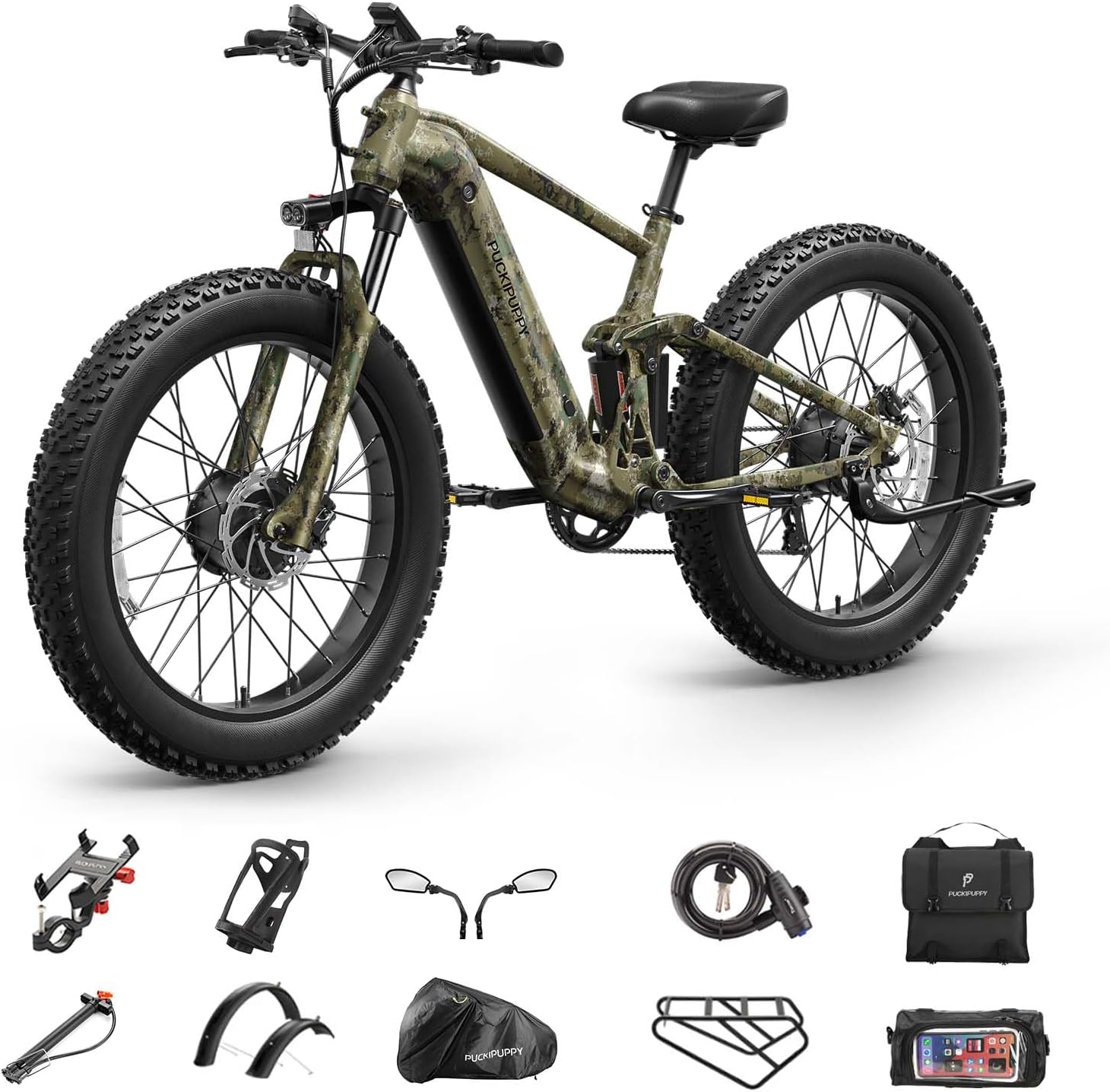 PUCKIPUPPY Dual Motor Electric Bike for Adults 1600W, Full Suspension Dual Hydraulic Disc Brake 26' Fat Tire E Bike, 48V 20AH Battery,8 Speed,28MPH 80Miles Range Mountain Electric Bicycle, GoldenR Pro