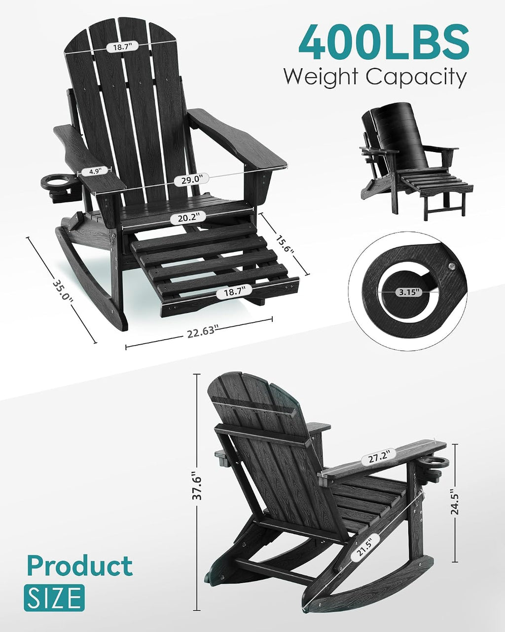 Adjustable Adirondack Rocking Chair with Retractable Ottoman, 4-in-1 Multifunctional Folding Patio Chair with Cup Holder, Outdoor Chair Wood Texture for Lawn, Porch, Backyard, Pool(Black)