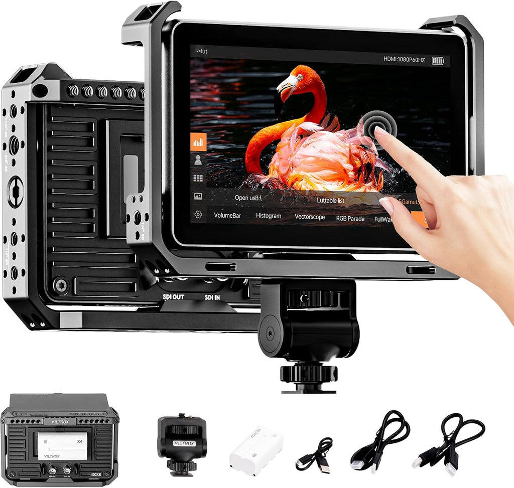 VILTROX DC-X3 6' Camera Field Monitor Kit with Rig Cage 2000nits FHD 1920x1080 IPS Touchscreen with 4K HDMI/3G-SDI Loop in/Out, 3D LUTs Video Peaking Focus Assist Waveform, Sunshade Hood, Battery
