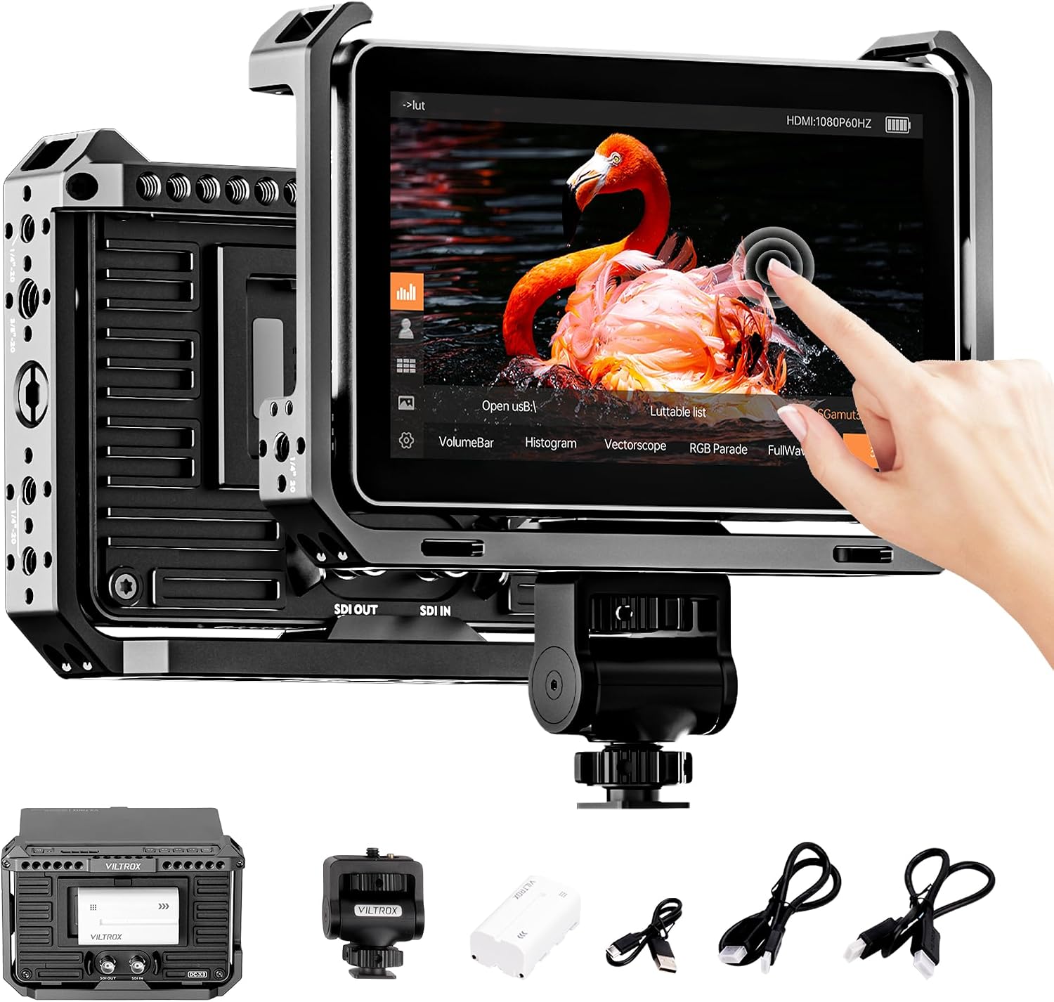 VILTROX DC-X3 6' Camera Field Monitor Kit with Rig Cage 2000nits FHD 1920x1080 IPS Touchscreen with 4K HDMI/3G-SDI Loop in/Out, 3D LUTs Video Peaking Focus Assist Waveform, Sunshade Hood, Battery