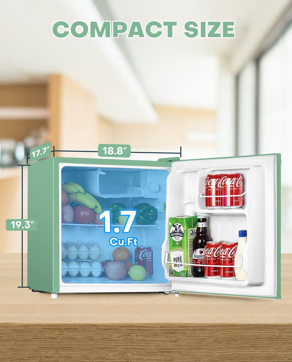 Upstreman 1.7 Cu.ft Mini Fridge with Freezer, Dorm Essentials, Adjustable Thermostat, Energy Saving, Low Noise, Single Door Compact Refrigerator for Dorm, Office, Bedroom, Mint Green-FR17