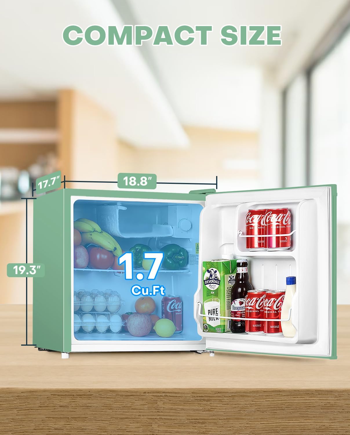 Upstreman 1.7 Cu.ft Mini Fridge with Freezer, Dorm Essentials, Adjustable Thermostat, Energy Saving, Low Noise, Single Door Compact Refrigerator for Dorm, Office, Bedroom, Mint Green-FR17