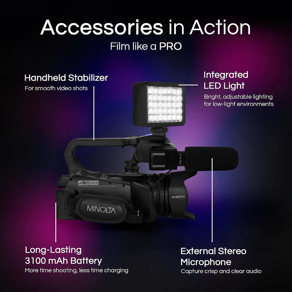 Minolta 64MP Autofocus Video Camera with Microphone & Video Light, 4' Touchscreen, 4K Ultra HD Video, 18x Digital Zoom, WiFi, Stabilizer, 32GB Card, 3100mAh Battery, Carrying Bag (Black)