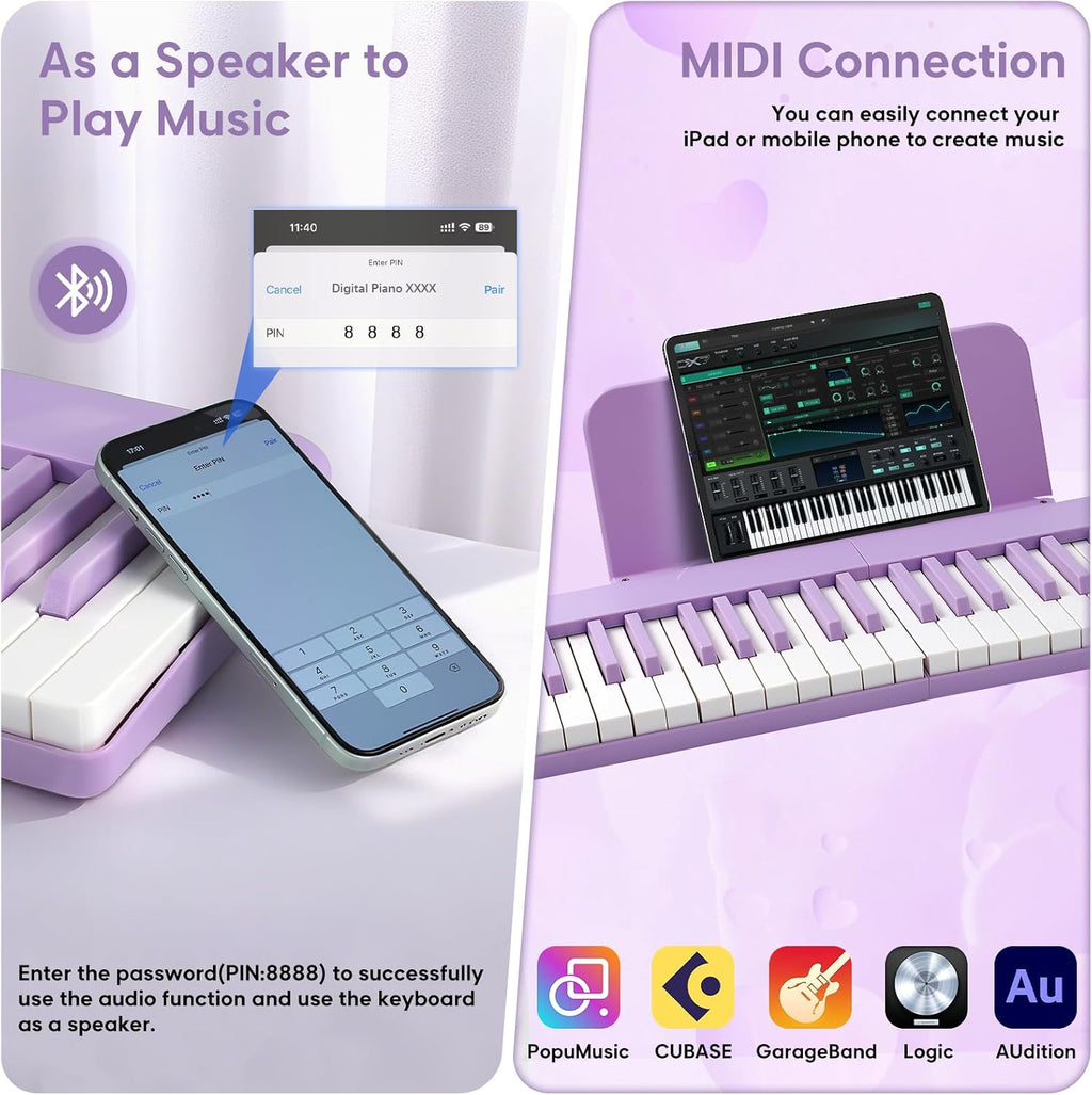 AiJoy Piano Keyboard 88 Keys with Magnetic Connection | for Beginners, Girls Gifts | Portable Foldable Electric Piano Keyboard, Lightweight Purple Keys, Sustain Pedal, Piano Bag(ASP-10M)