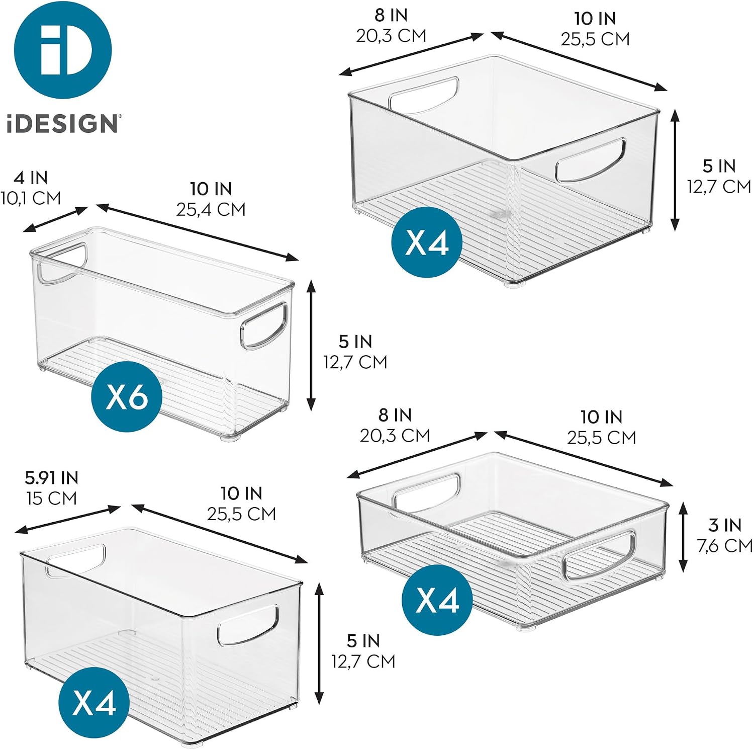 iDesign Stackable Plastic Handle Bin Assortment Set - Storage Organizers for Kitchen, Fridge, Pantry, Home -18 Pack, Clear