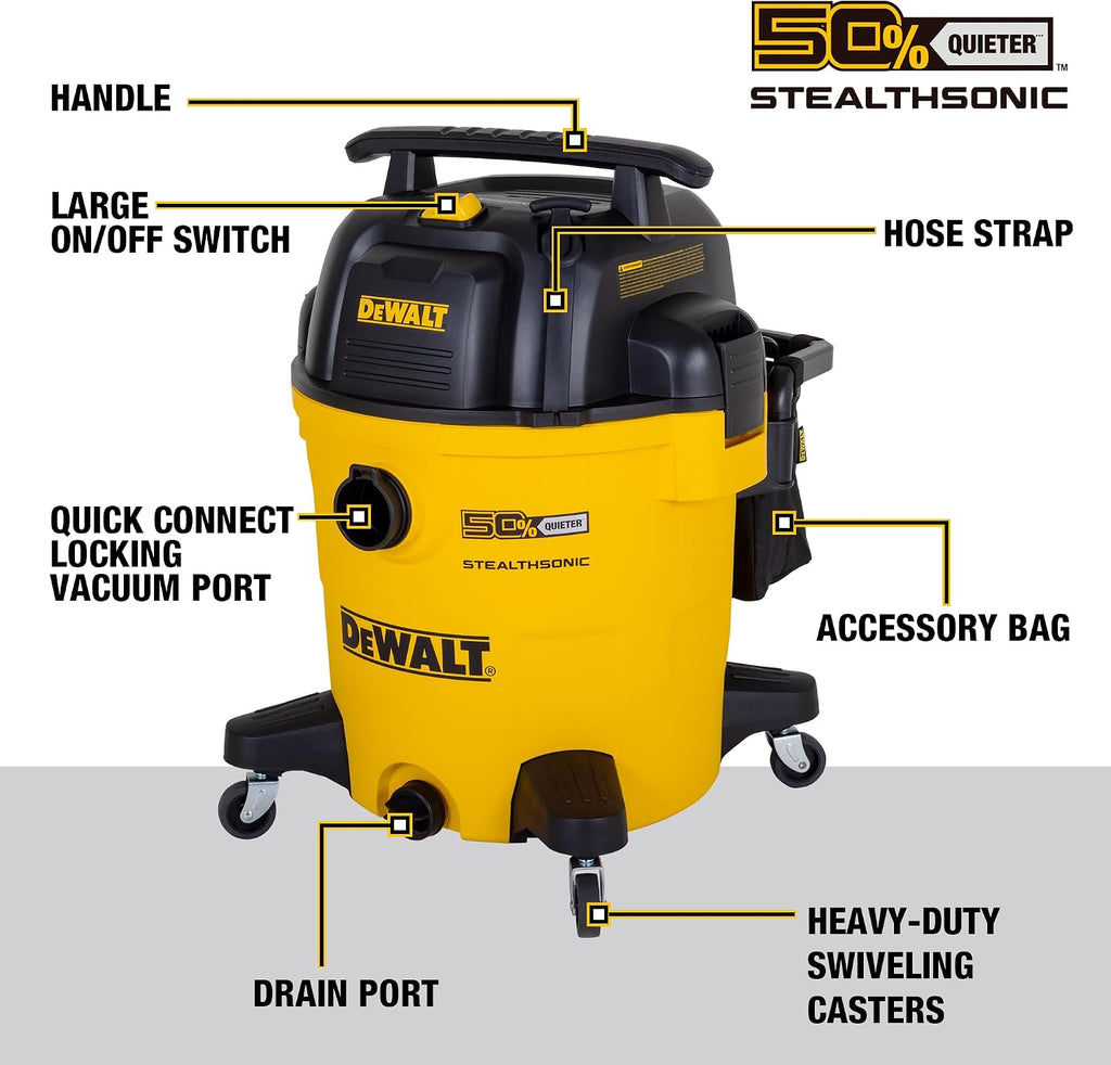 DEWALT 12 Gallon STEALTHSONIC Ultra Quiet Poly Wet Dry Vacuum, DXV12P-QTA Powerful Suction Noise Reduction Vac, 5.5 Peak HP Shop Vacuum for Jobsite/Workshop, Reduce Motor Noise, Yellow