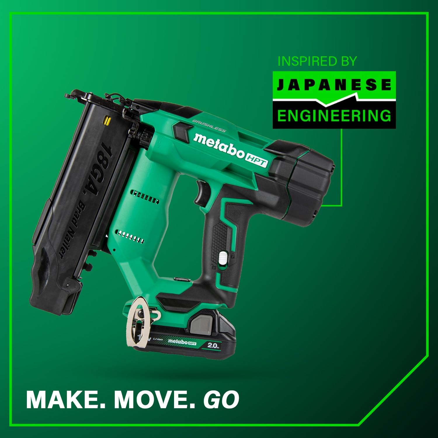 Metabo HPT 18V MultiVolt Brushless Compact Cordless Brad Nailer Kit, 18 Gauge Nailer with Power Tool 2.0Ah Lithium Ion Battery, Drives 5/8' to 2' Brad Nails, NT1850DFT