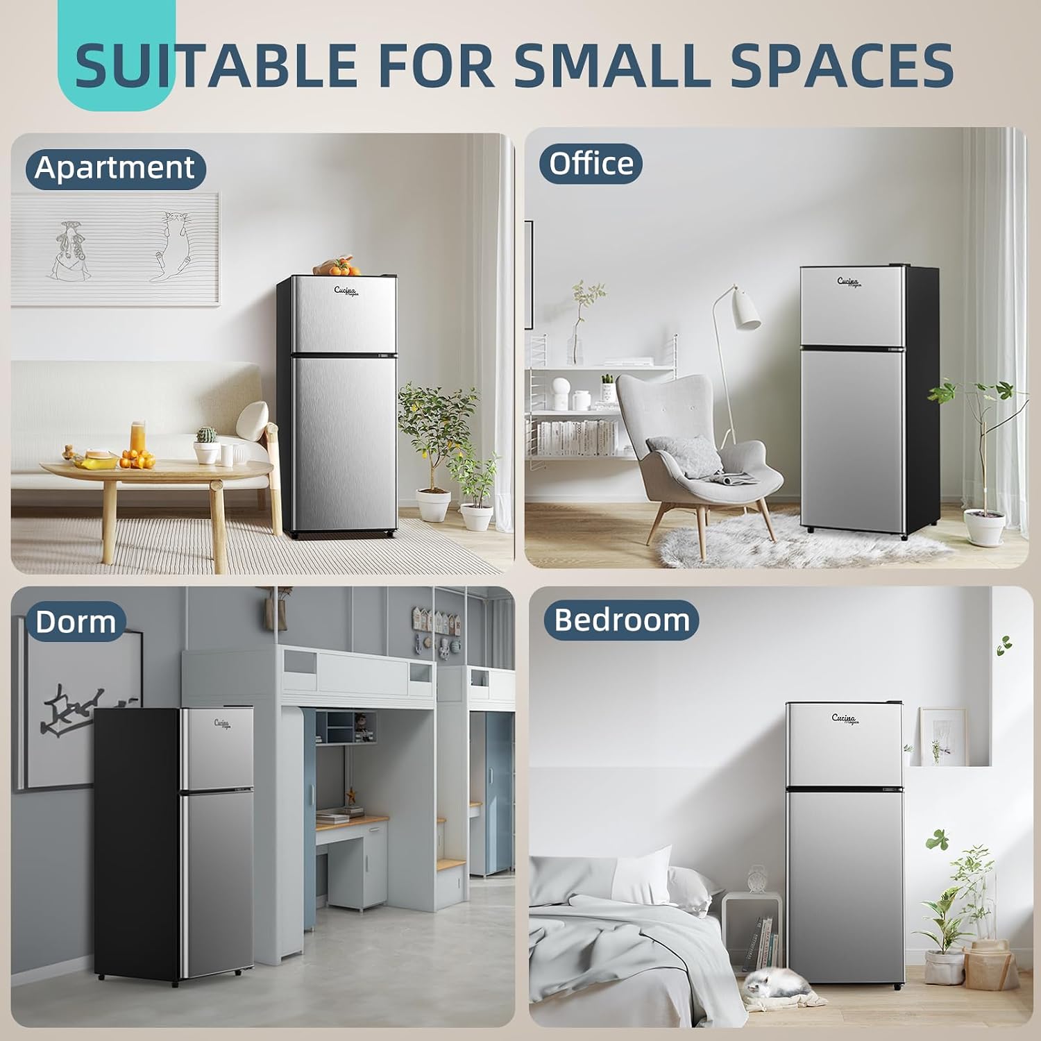 Cucina Magica 3.8 Cu Ft Mini Fridge for Bedroom, 2 Door Small Fridge, 7 Level Thermostat, LED Light, Small Refrigerator for Bedroom, Office, Dorm