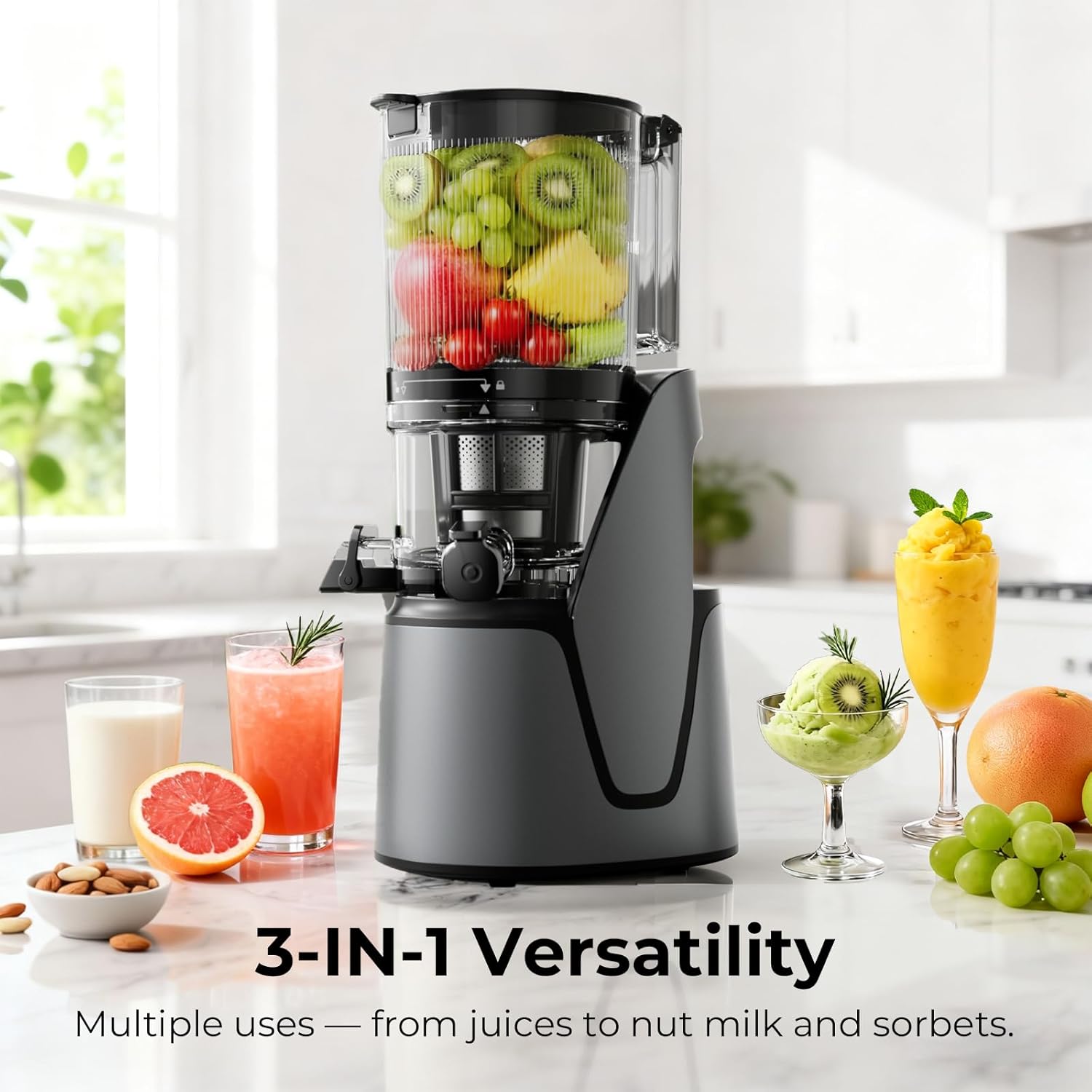 EanOruus Juicer Machines, 3-in-1 Cold Press Juicer with 6.5' Extra Large Chute, 100oz Large Capacity, AC Motor, Makes Juice, Nut Milk & Sorbet, Premium Gray