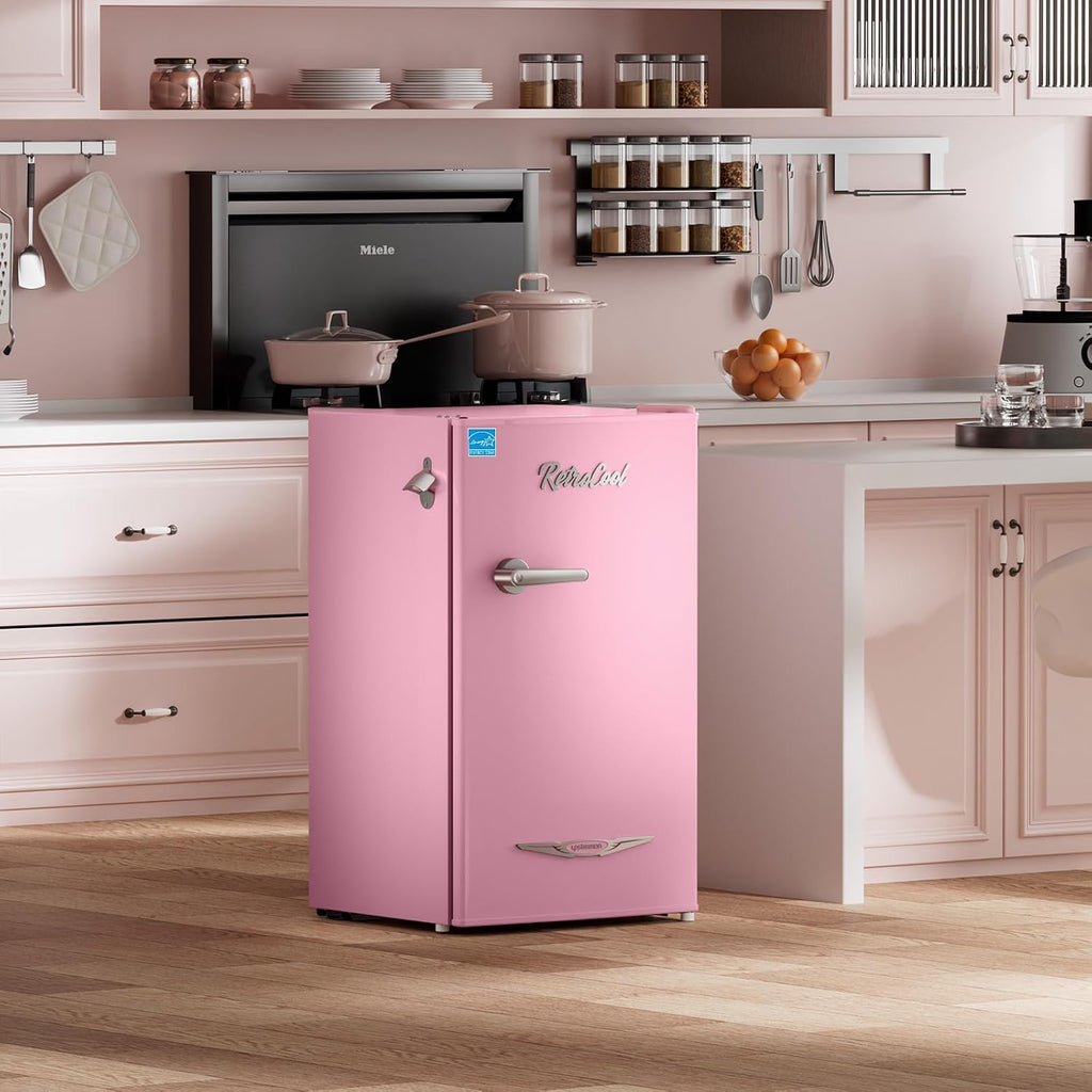Upstreman 3.2 Cu.Ft Retro Mini Fridge with Bottle Opener, Energy Saving, Adjustable Thermostat, Metal Handle, LED Lamp, Mini Refrigerator for Bedroom, Office, Dorm-BR321 PRO (Pink)