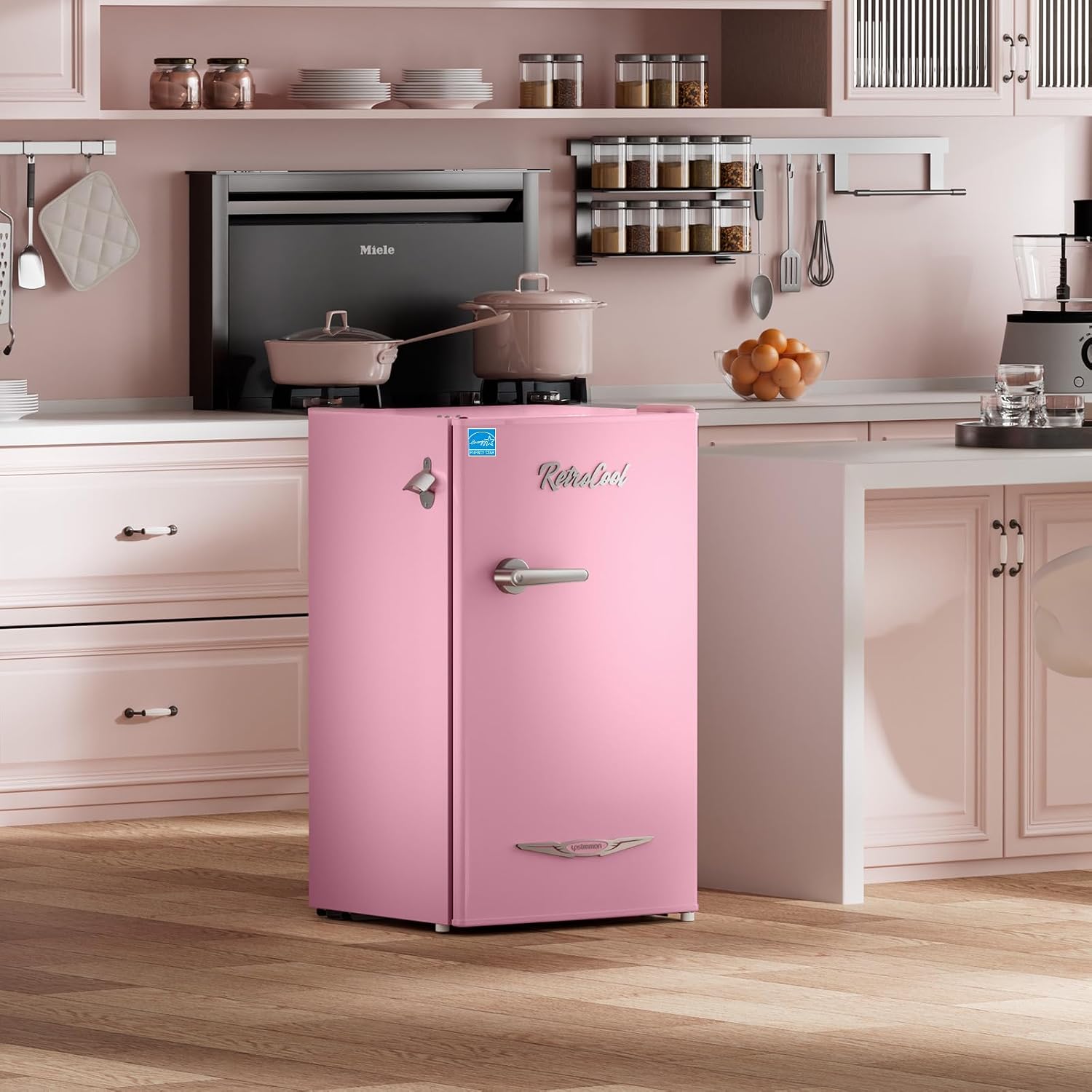 Upstreman 3.2 Cu.Ft Retro Mini Fridge with Bottle Opener, Energy Saving, Adjustable Thermostat, Metal Handle, LED Lamp, Mini Refrigerator for Bedroom, Office, Dorm-BR321 PRO (Pink)