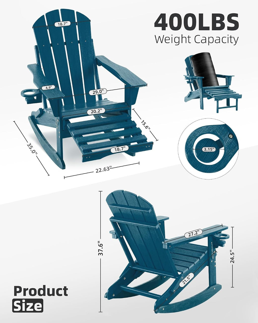 Folding Adirondack Rocking Chair,4-in-1 Multifunctional Patio Chair with Retractable Ottoman, Outdoor Chair Wood Texture, Lawn Chair for Porch, Backyard, Pool(Navy Blue)