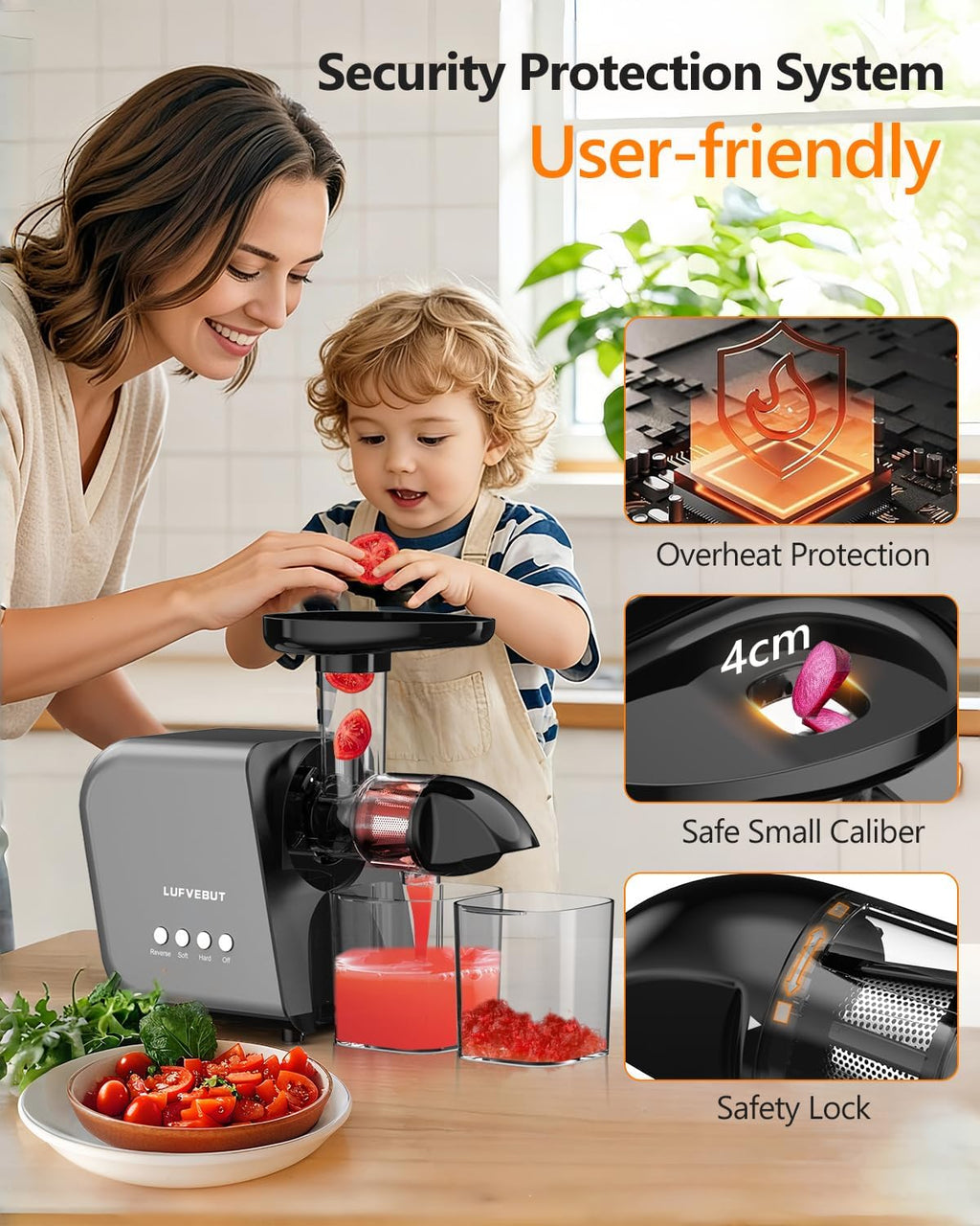 2026 LUFVEBUT Slow Cold Press Juicer with Reverse Function, Masticating Juicer Machines or Soft & Hard Vegetable Fruit High Juice Yield, Easy to Clean 250W High Power BPA-Free Dishwasher Safe