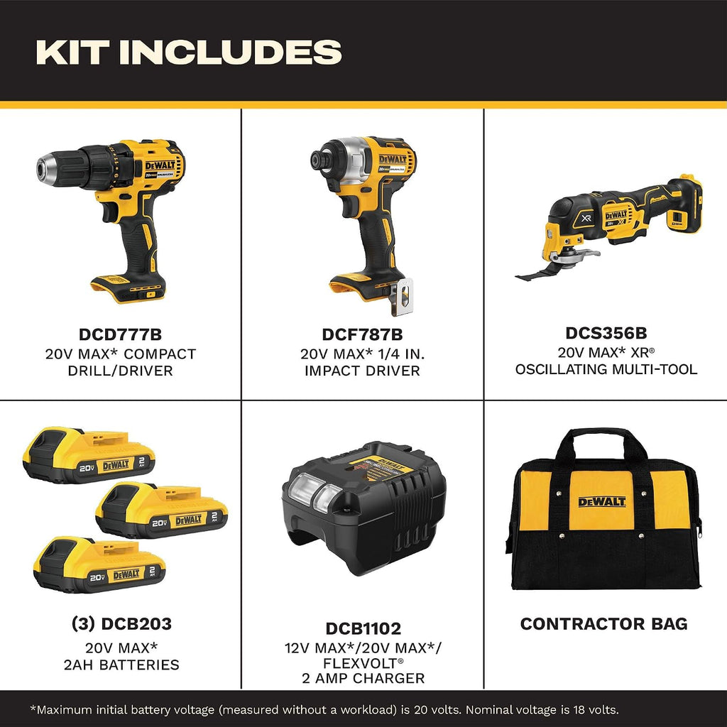 DEWALT 20V MAX 3-Tool Brushless Power Tool Set, Includes 1/2 Cordless Drill,1/4 Impact Driver, Oscillating Tool, 3 Batteries and a Charger, Extended Runtime, Lightweight (DCK360D3)