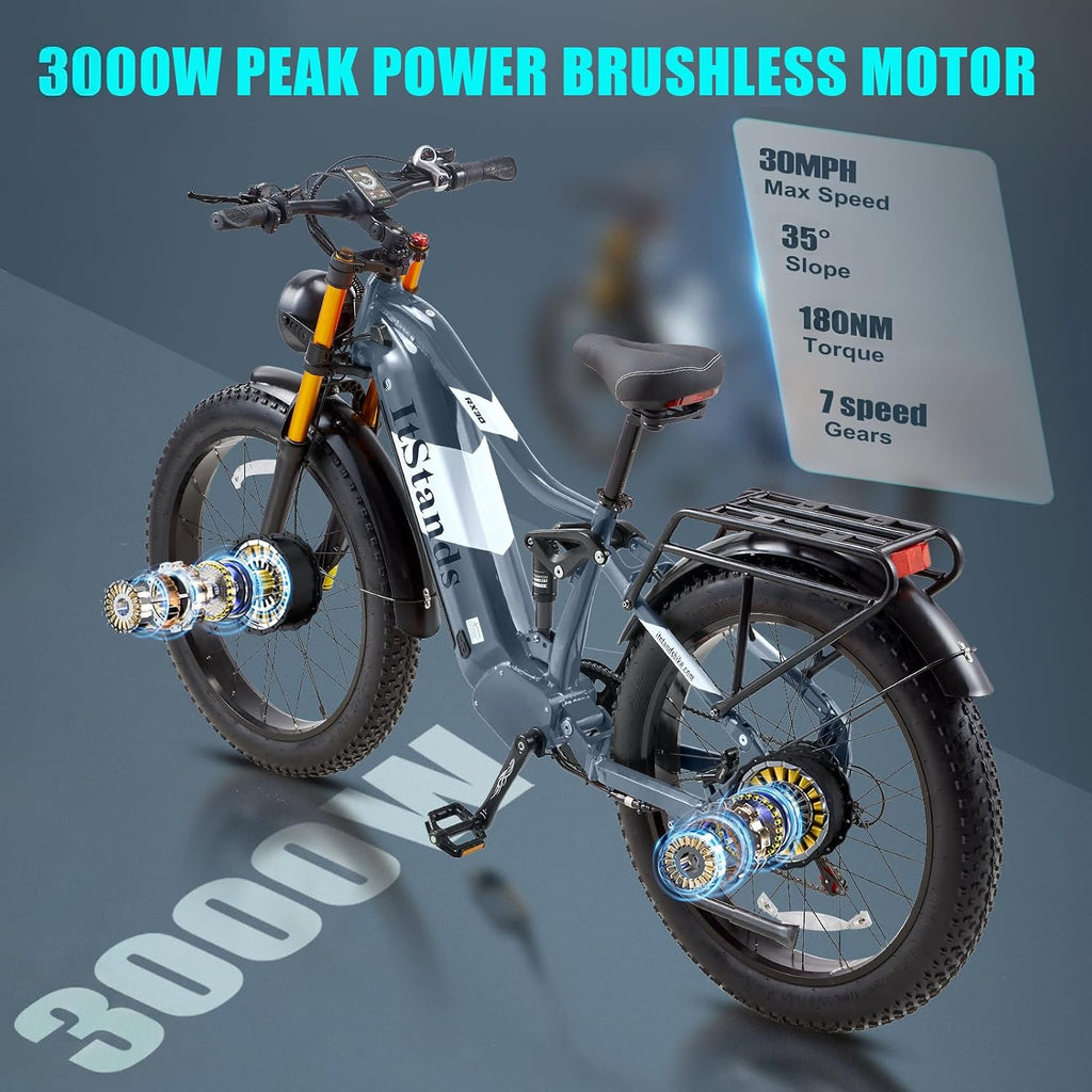 DAMSON Electric Bike for Adults Dual Motor AWD 5000W/3000W/1500W Peak 40MPH/30MPH Dirt Ebike, 52V/48V Max-Output Up to 65/80/120/160 Miles Long Range, 26' Full Suspension Fat Tire Mountains Bicycle
