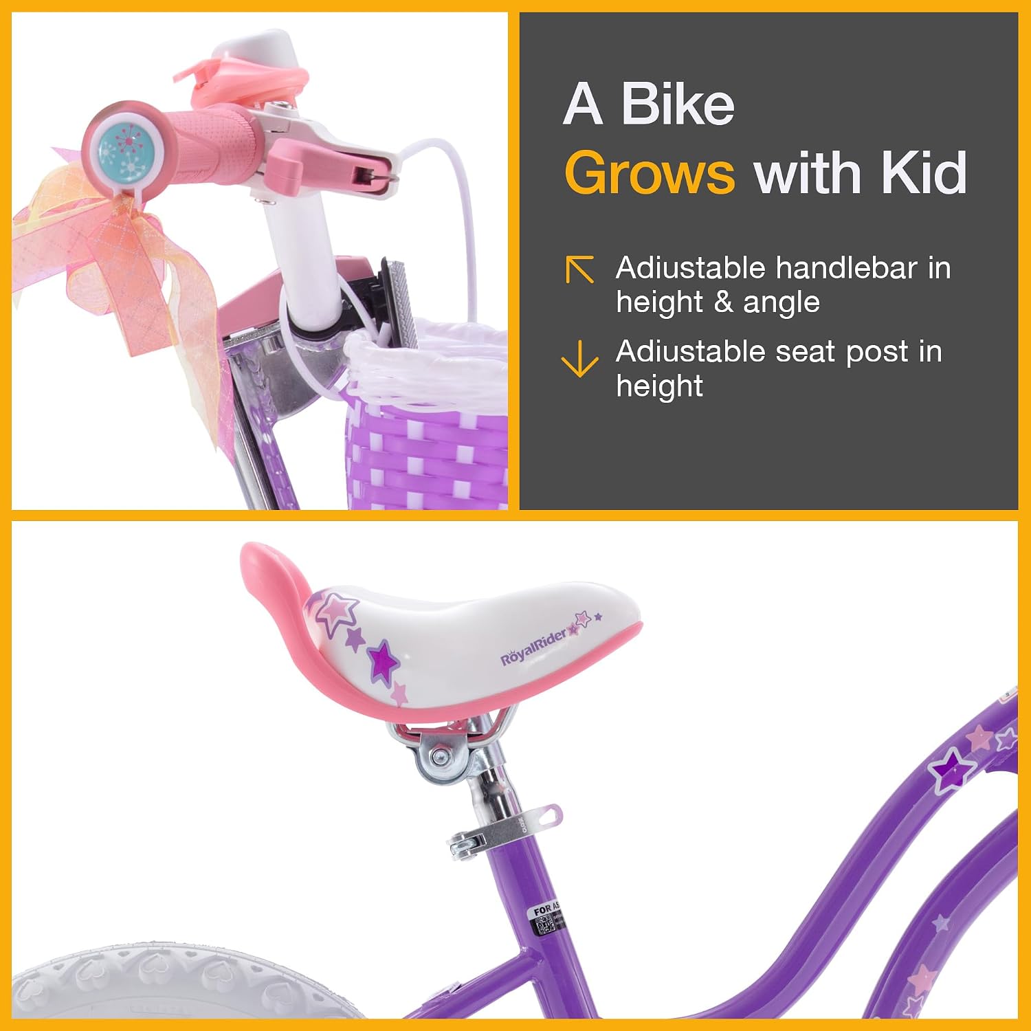 RoyalBaby Stargirl 12 Inch Kids Outdoor Bicycle with Accessory Basket, Bell, Thick Wheels, and Safety Training Wheels for Ages 2-4, Purple