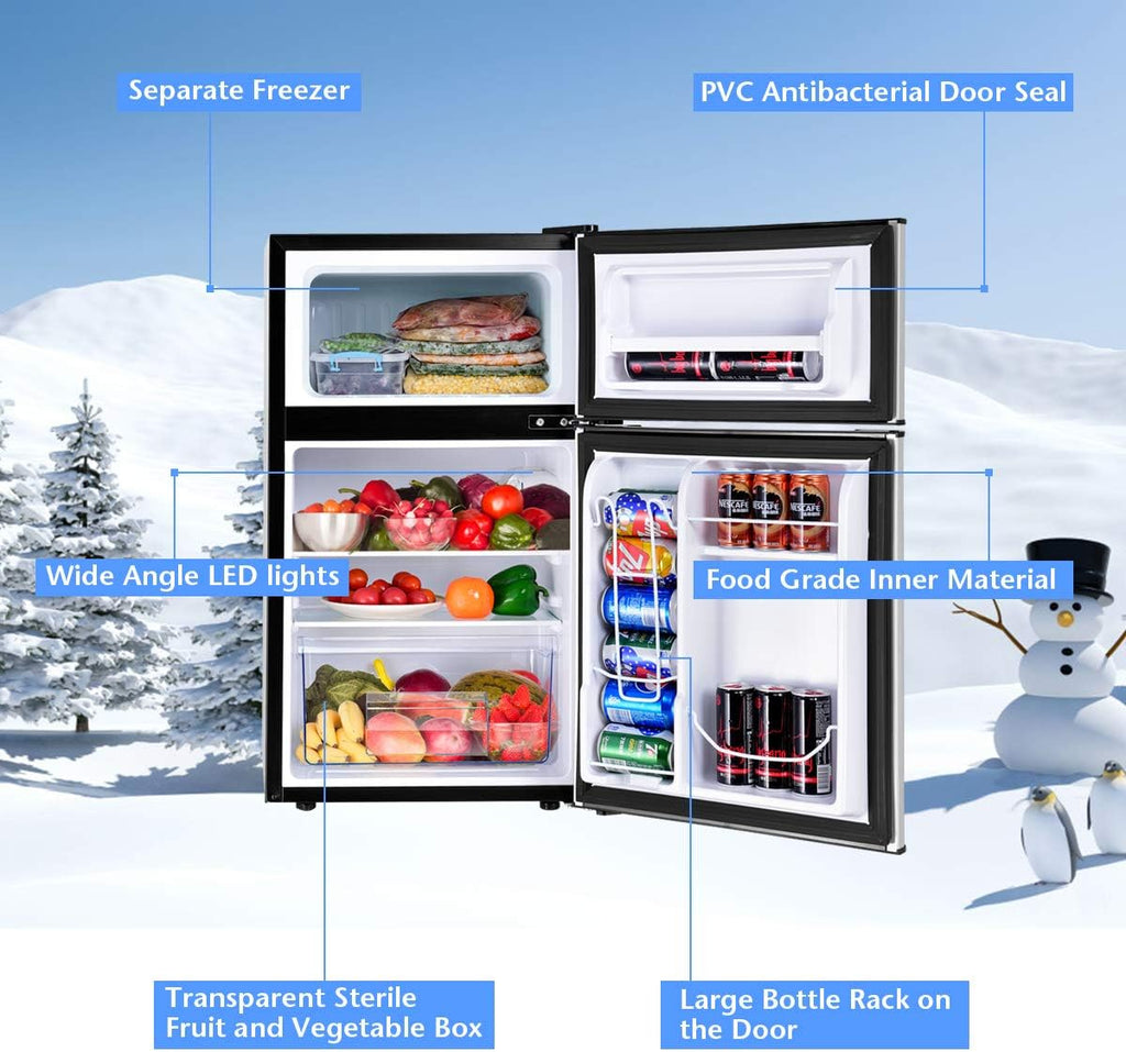 COSTWAY Mini Fridge with Freezer, 3.2 Cu.ft. 2-Door Mini Freezer Cooler Fridge w/ Reversible Door, Removable Glass Shelves, Mechanical Control, Small Refrigerator for Bedroom, Dorm, Office (Grey)