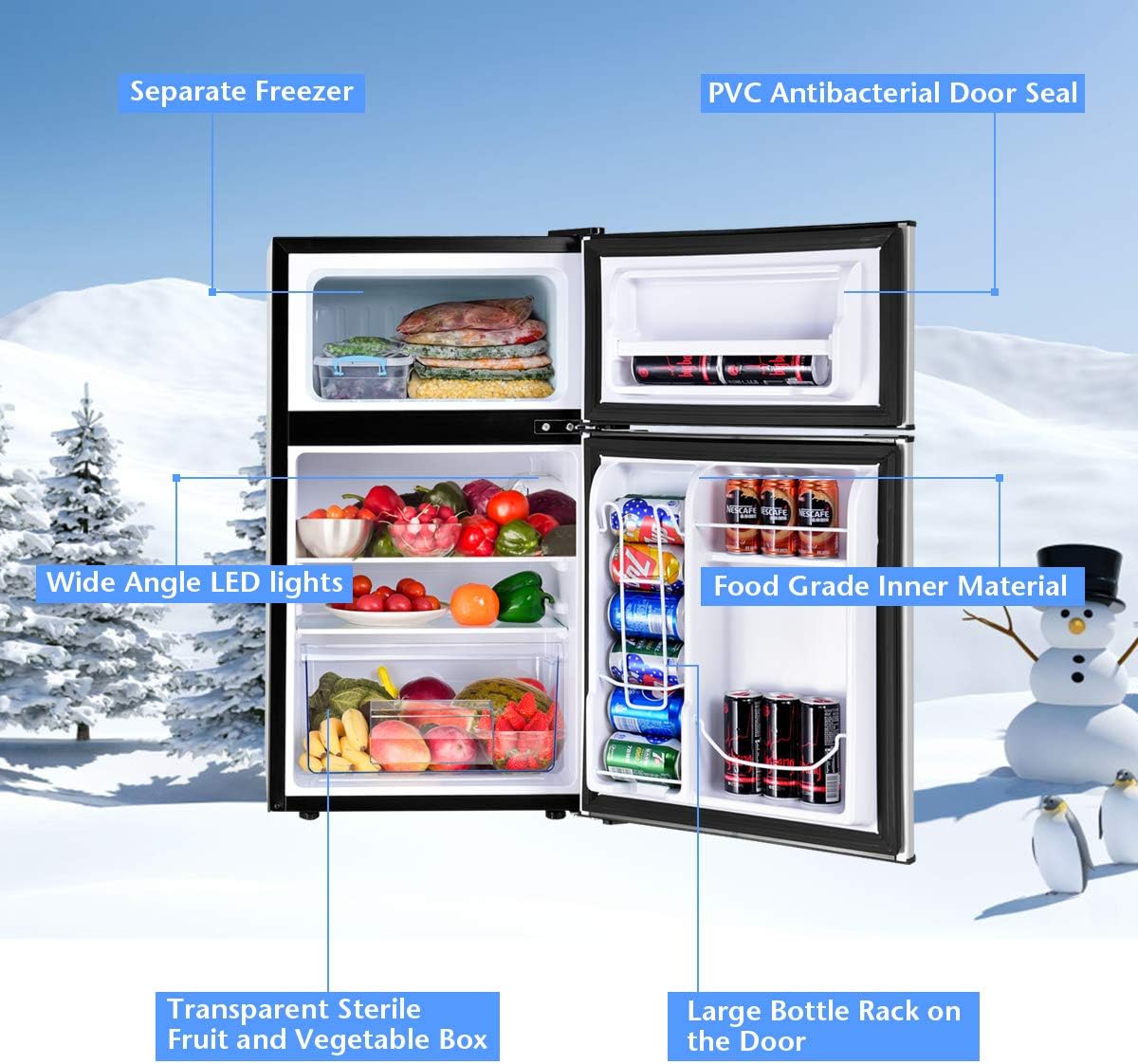 COSTWAY Mini Fridge with Freezer, 3.2 Cu.ft. 2-Door Mini Freezer Cooler Fridge w/ Reversible Door, Removable Glass Shelves, Mechanical Control, Small Refrigerator for Bedroom, Dorm, Office (Grey)