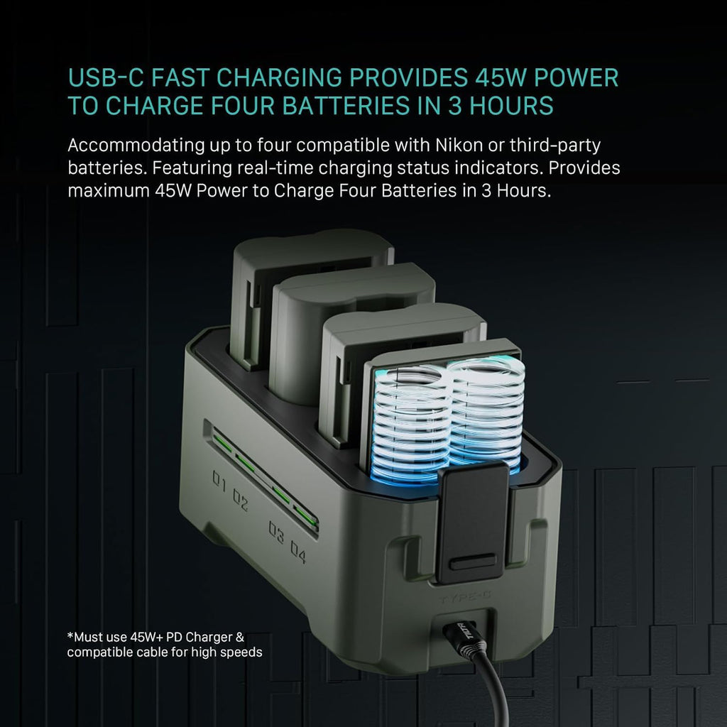 Tilta EN-EL15C Charging Station Battery Kit with Four Rechargeable Batteries | Four-Slot USB-C Fast Charger | 45W PD | Status Indicators | Portable Design | Green