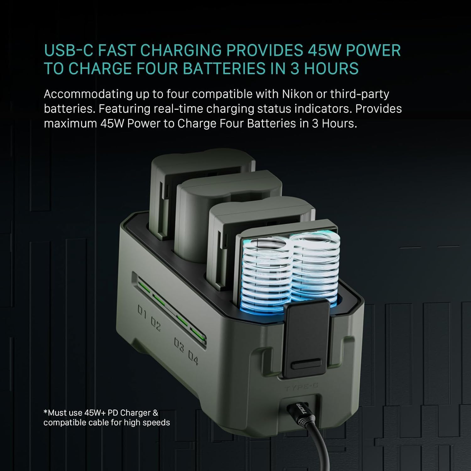 Tilta EN-EL15C Charging Station Battery Kit with Four Rechargeable Batteries | Four-Slot USB-C Fast Charger | 45W PD | Status Indicators | Portable Design | Green