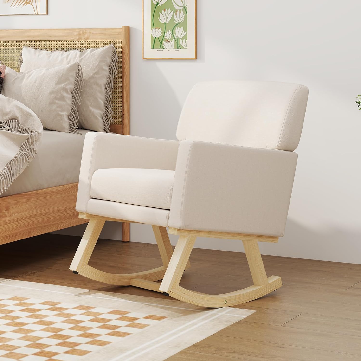 Giantex Upholstered Rocking Chair, Nursery Rocking Chair w/Widened Back, Machine-Washable Seat Cushion Cover, Solid Rubber Wood Frame, Glider Rocker Accent Chair for Living Room, Bedroom, Beige