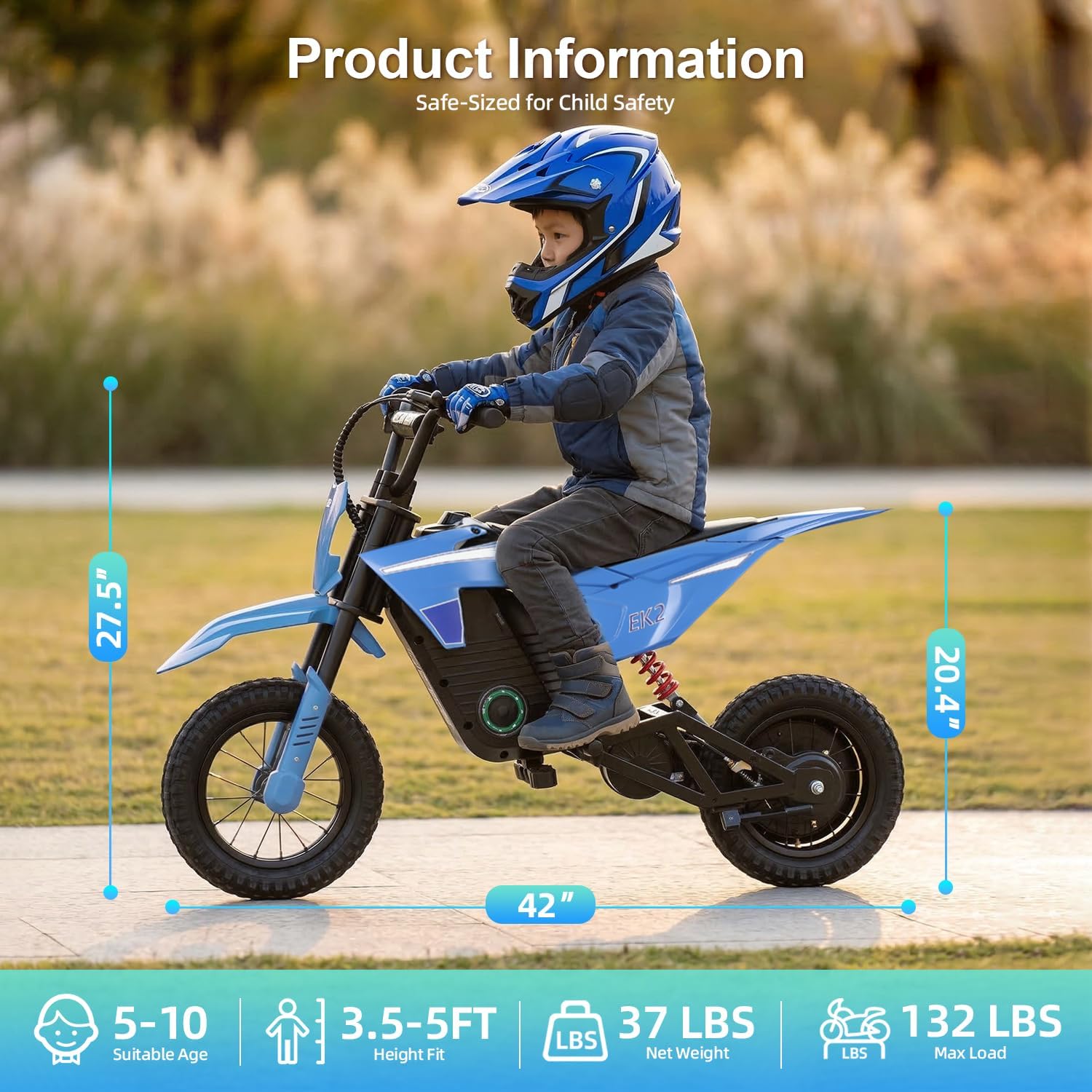 BLAZEGO EK2 Kids Electric Dirt Bike,350W Electric Motorcycle for Kids Ages 5-10,36V 5.2Ah Battery,15 MPH Max Speed,12 Miles Range,3-Speed Modes Motorcycle for Kids,Blue