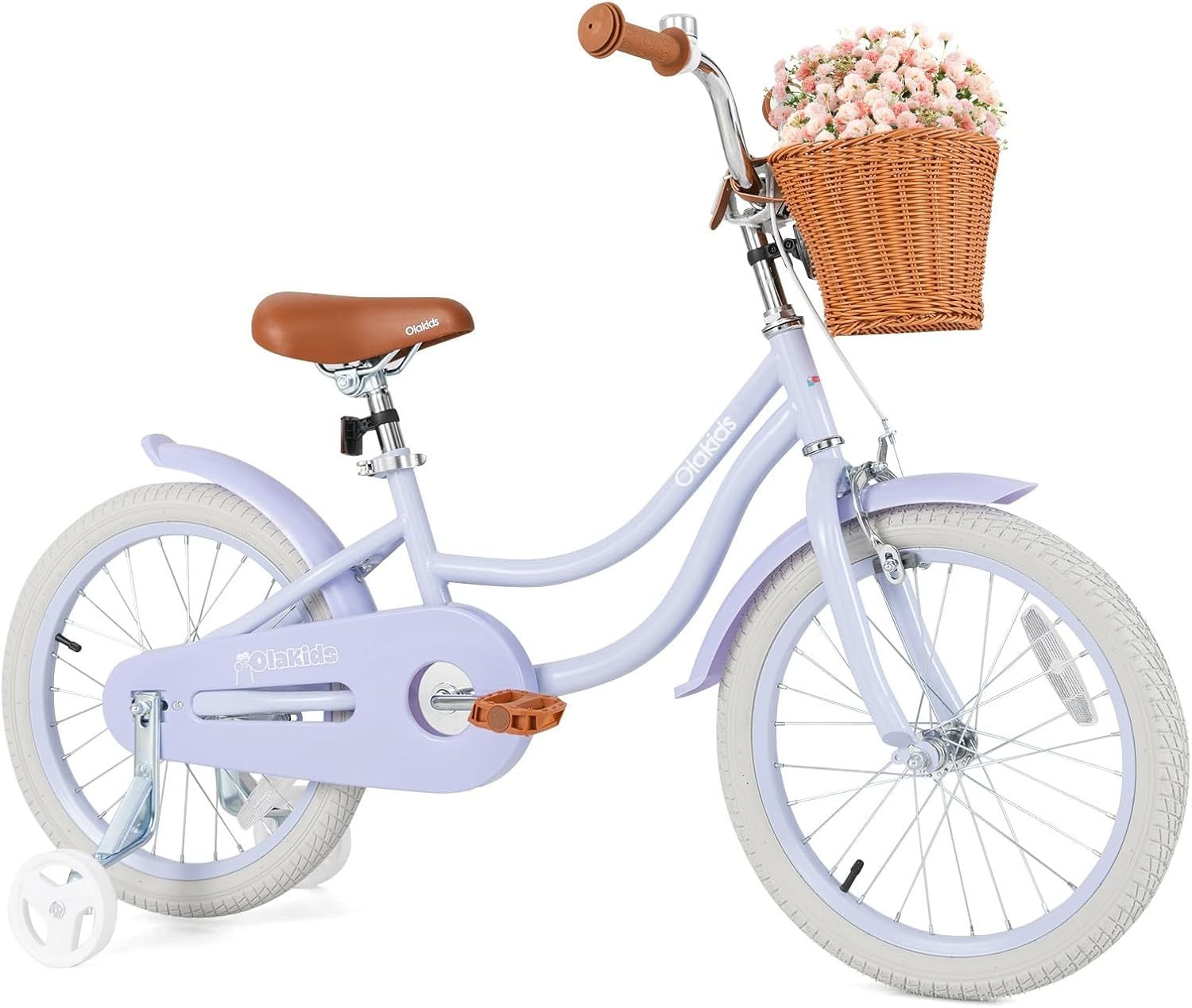 Olakids Kids Bike, 12 14 16 18 20 Inch Toddlers Bike with Training Wheels Rattan Basket Safety Bell Adjustable Seat and Handlebar, Children's Bicycle for Girls Boys