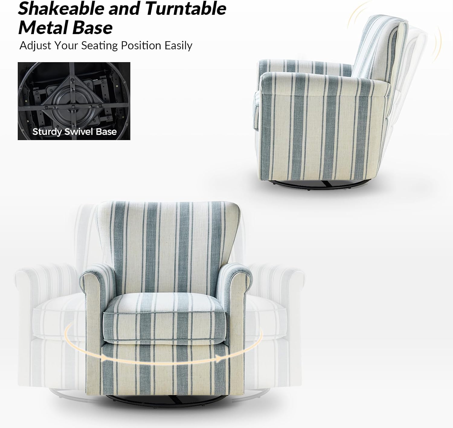 HULALA HOME Floral Fabric Swivel Rocking Chair, Swivel Rocker with Removable Backrest & Shakeable and Turntable Metal Base, Modern Single Sofa Chair for Living Room Nursery, Blue