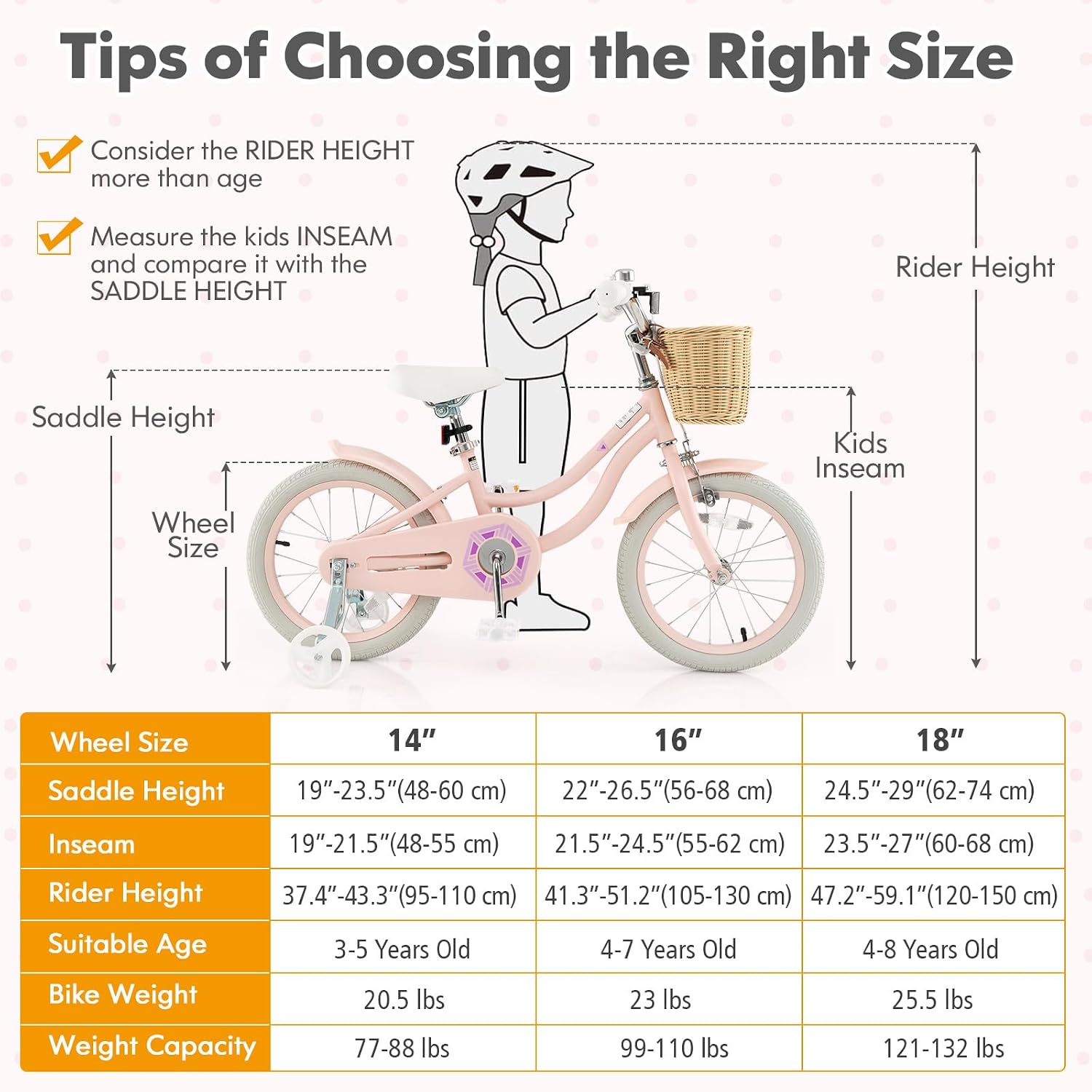 COSTWAY Kids Bike, 14 16 18 Inch Toddler Bike with Training Wheels, Basket, Adjustable Seat & Handlebar, Hand & Coaster Brakes, Bell, for Girl Boy Aged 3-8 Years Old