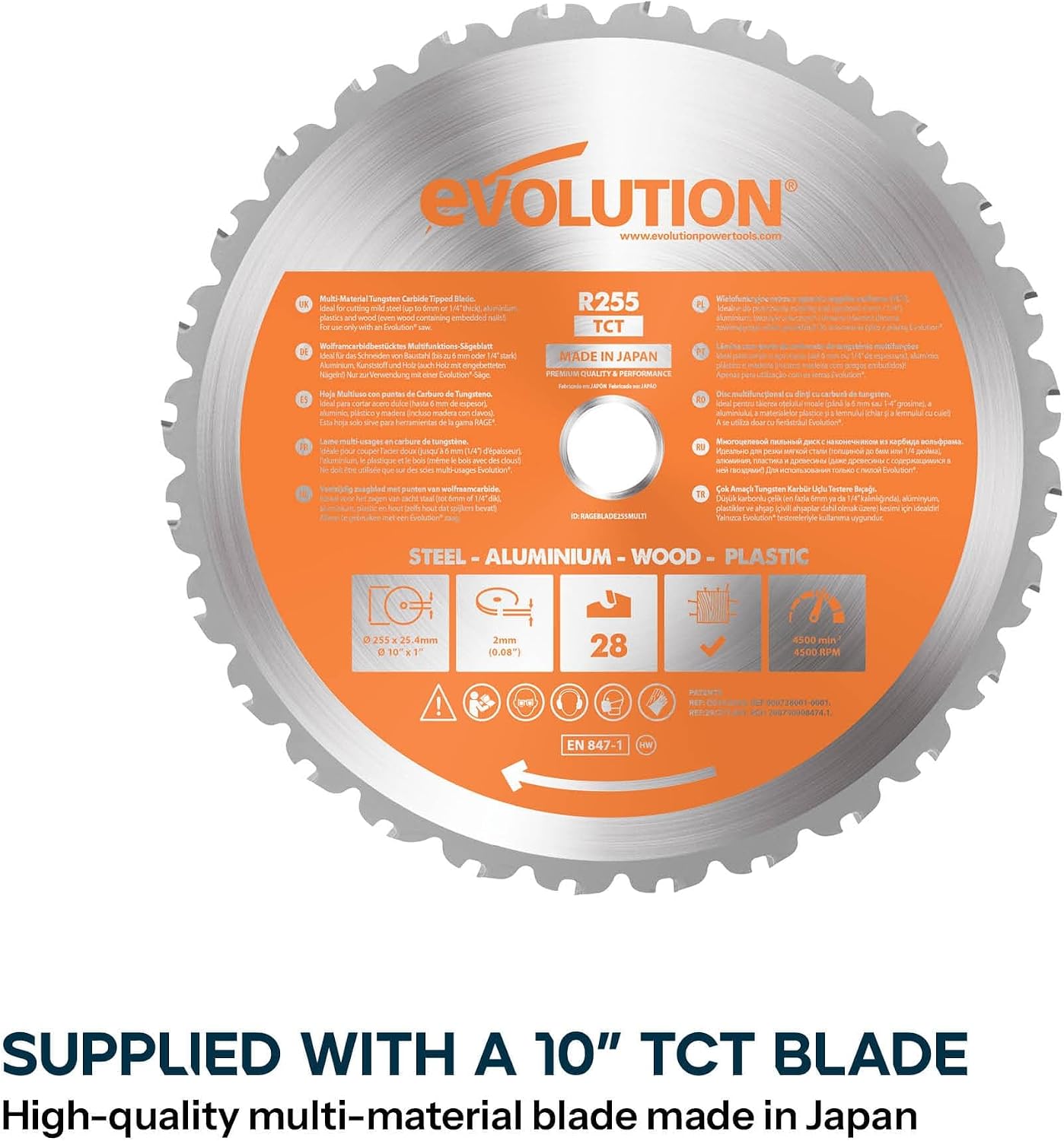 Evolution R10TBLX 10' Jobsite Table Saw with Wheeled Stand | Zero-Clearance Throat Plate | Dado Plate Included | 15A Motor | 26' Rip | 3-3/8' Cut | 0-45° Bevel | Precision Fence | Heavy Duty Portable