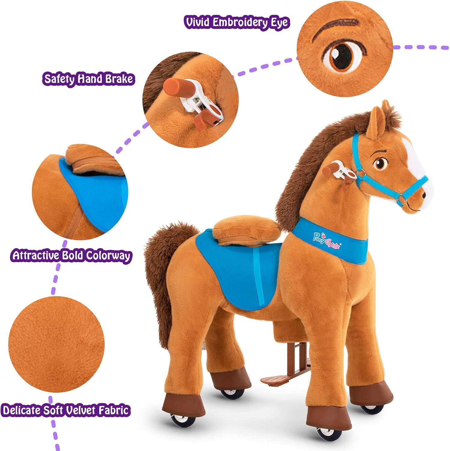 PonyCycle Ride on Horse Toys for Kids Riding Brown Horse Rocking Horse No Battery Required (with Brake/ 35.4' Height/Size 4) Ride-on Pony Giddy up Walking Mechanical Pony E437