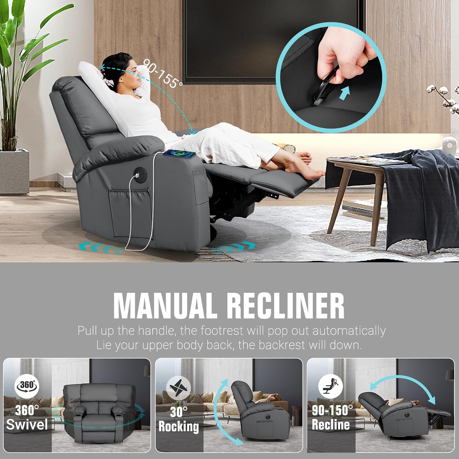 LAFWELL Rocking Recliner Chair, Massage Rocker Recliner Chair with Vibration Massage and Heat, USB and Type-C Ports,360° Swivel Faux Leather Chairs, Living Room, Bedroom, Nursery, RV, Dark Grey