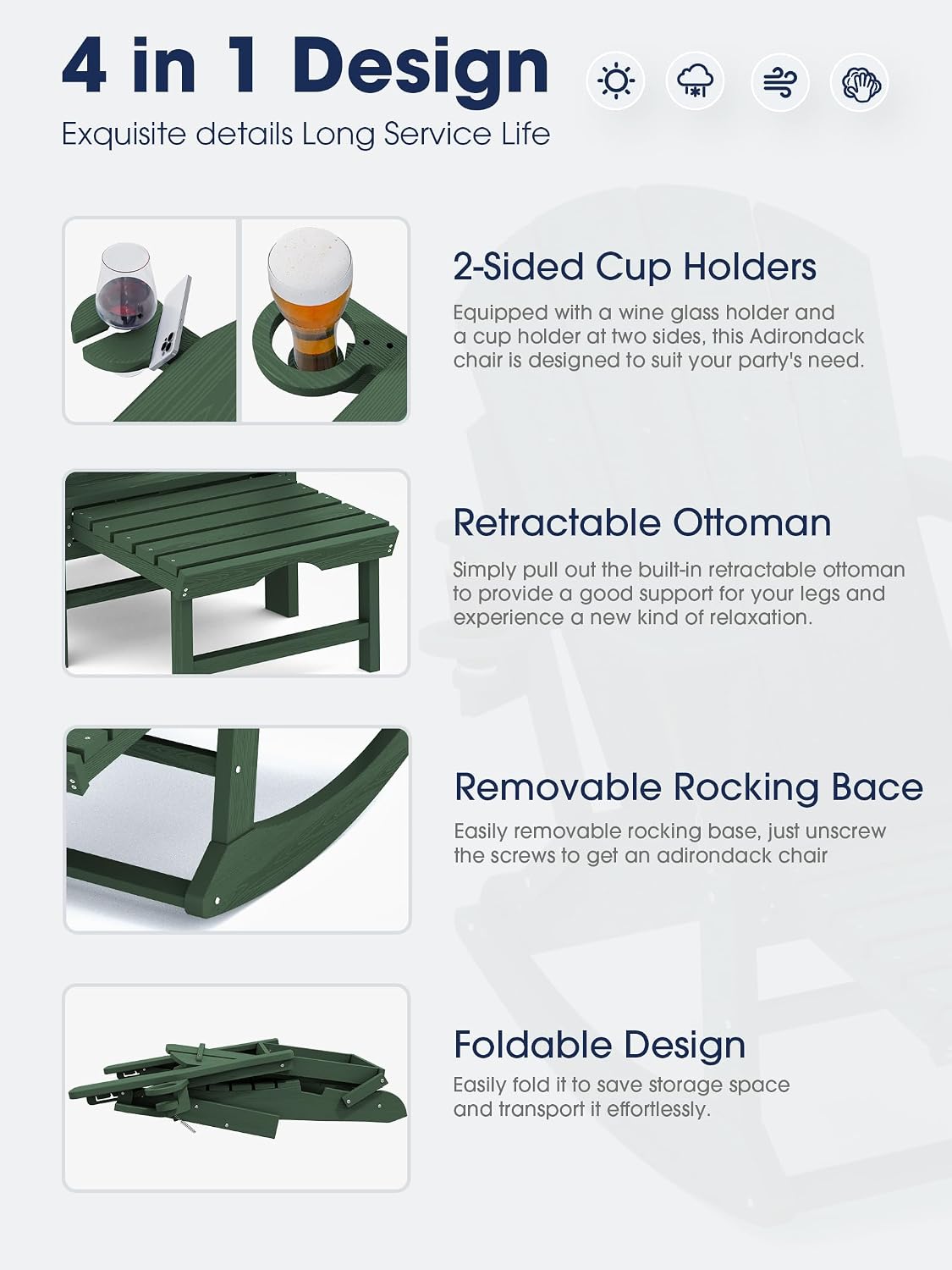 KINGYES Adirondack Rocking Chair with Retractable Ottoman and Cup Holders, HDPE Adirondack Rocker Patio Rocking Chair for Porch, Patio, Balcony, Dark Green