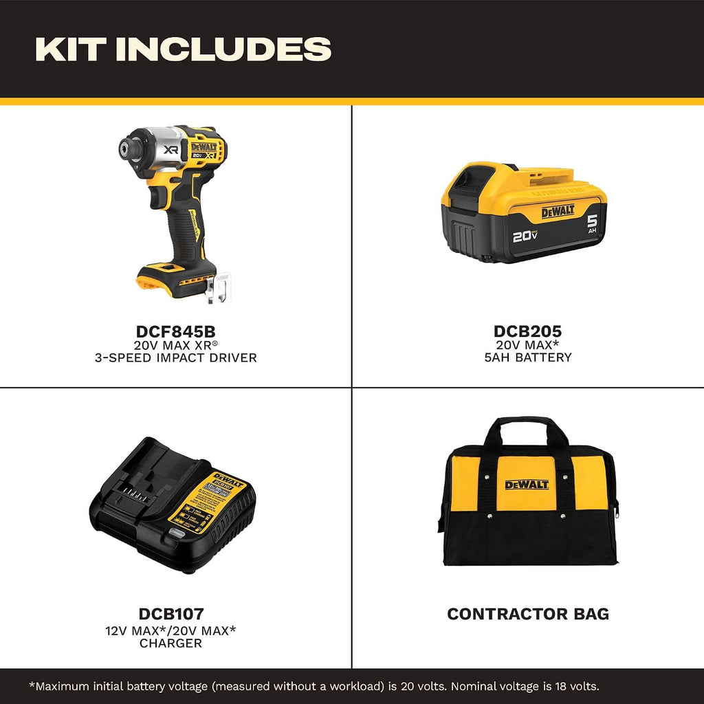 DEWALT 20V MAX Impact Driver, Cordless, 3-Speed, Battery and Charger Included (DCF845P1)