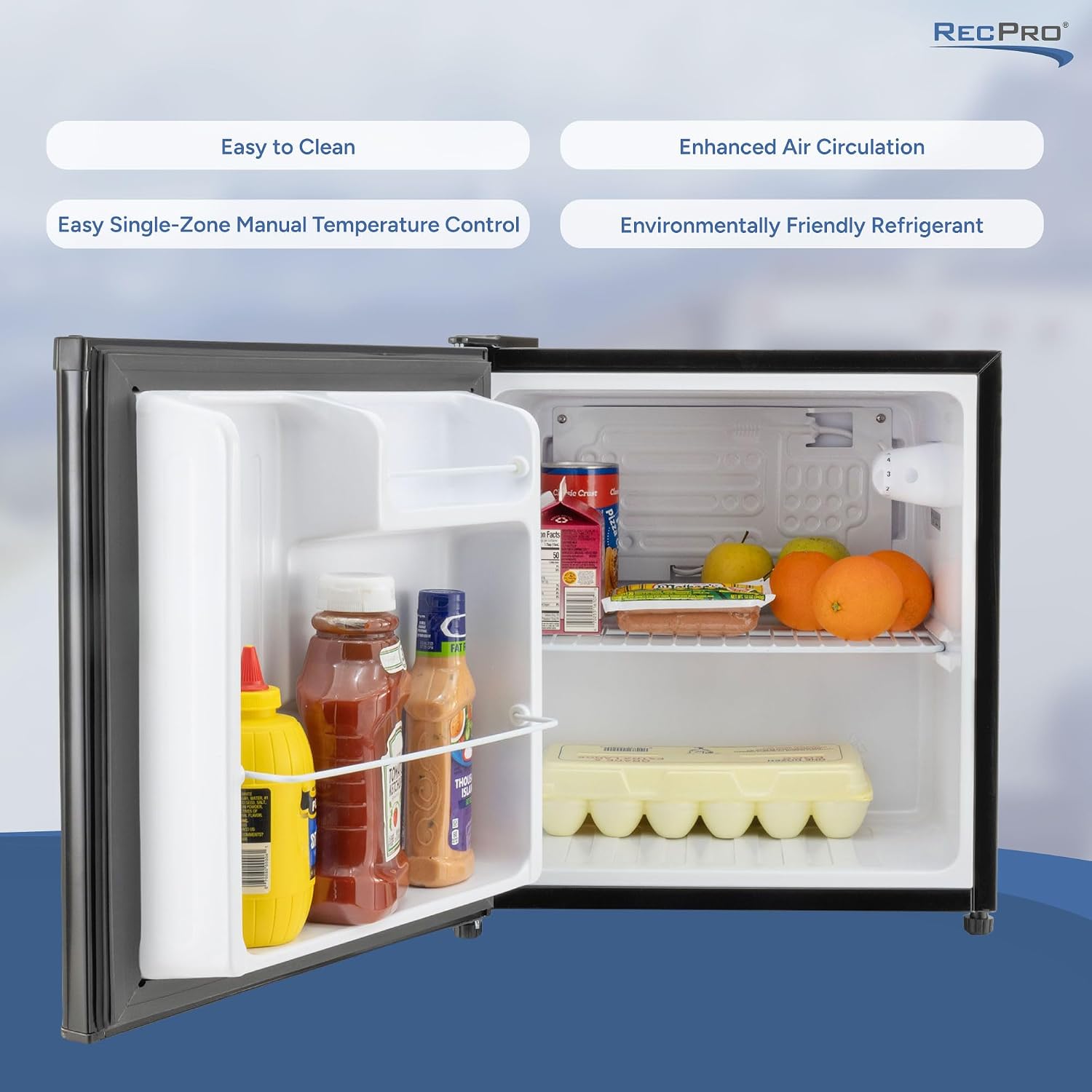 RecPro 1.7 Cu Ft 12V RV Refrigerator | Compact Fridge with Reversible Door, 2L Bottle Door Storage, 7 Temp Settings | Eco-Friendly R600A, Leveling Feet, Wire Shelf | 19.5'H x 17.5'W x 19.8'D