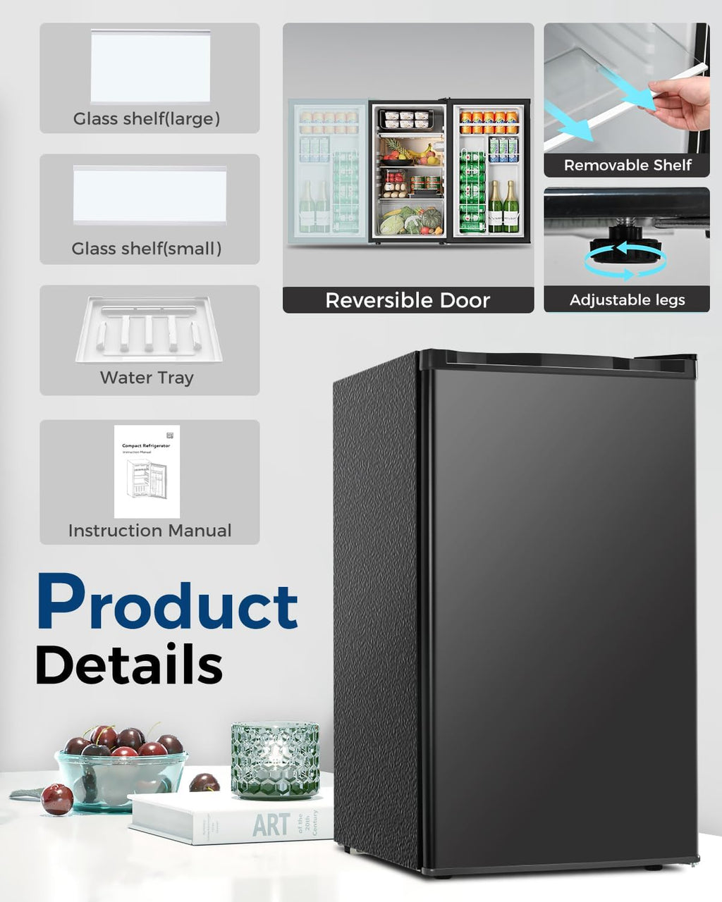 Feelfunn Mini Fridge with Freezer - 3.2 Cu.Ft Single Door Mini Refrigerator with Adjustable Thermostat, Energy Saving, Low Noise, Small Fridge for Bedroom, Office, Dorm, Apartment, Classroom - Black