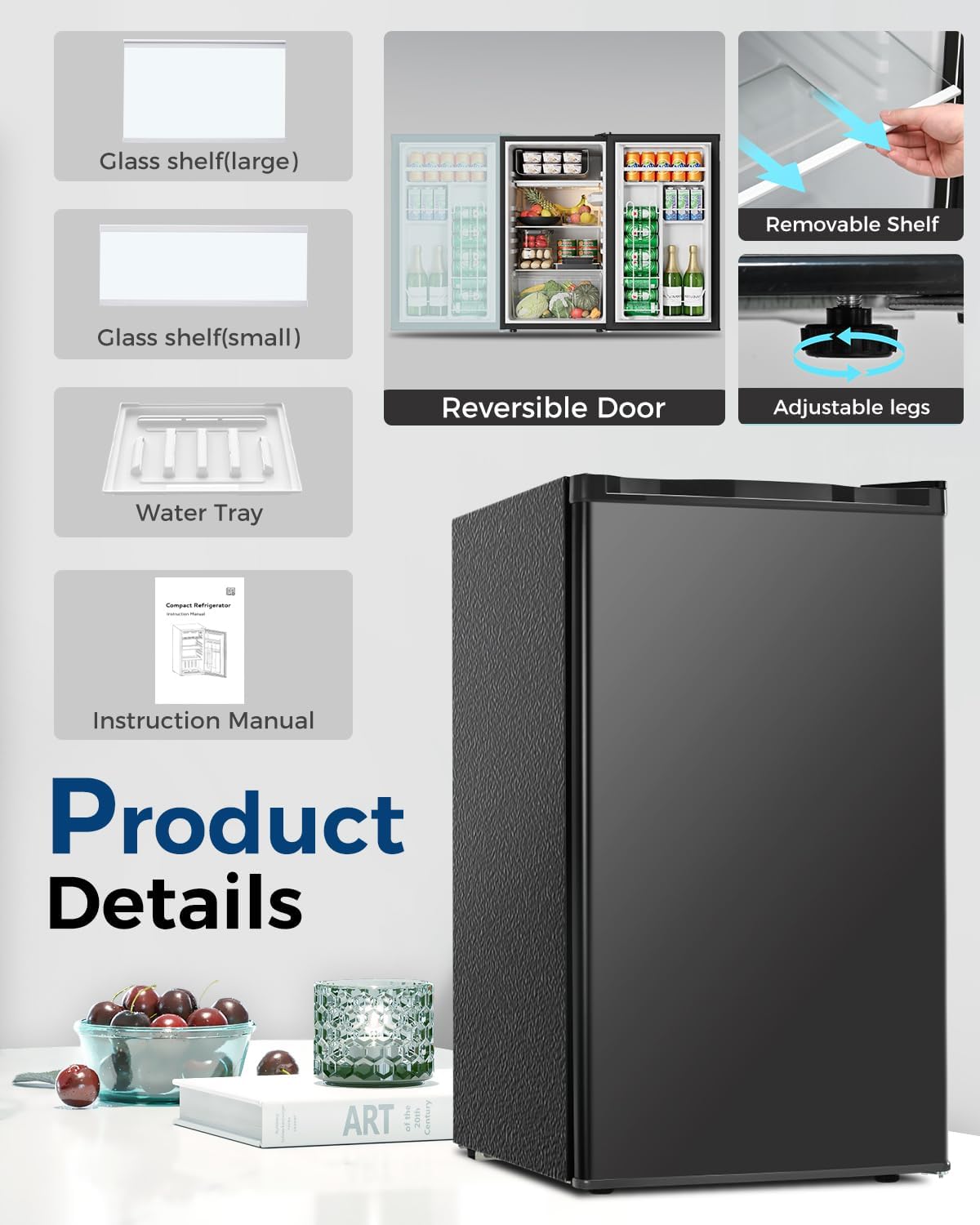 Feelfunn Mini Fridge with Freezer - 3.2 Cu.Ft Single Door Mini Refrigerator with Adjustable Thermostat, Energy Saving, Low Noise, Small Fridge for Bedroom, Office, Dorm, Apartment, Classroom - Black