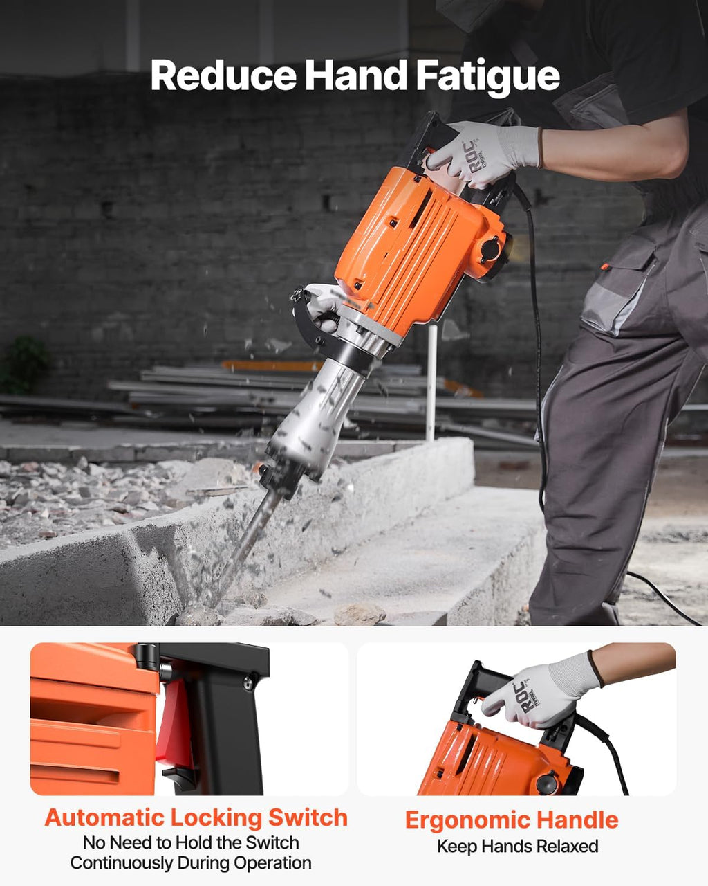 VEVOR Demolition Jack Hammer, MAX 2200W Electric Jackhammer Heavy Duty, 1400 BPM Concrete Breaker 4pcs Chisels Bit Chipping W/Case, Gloves