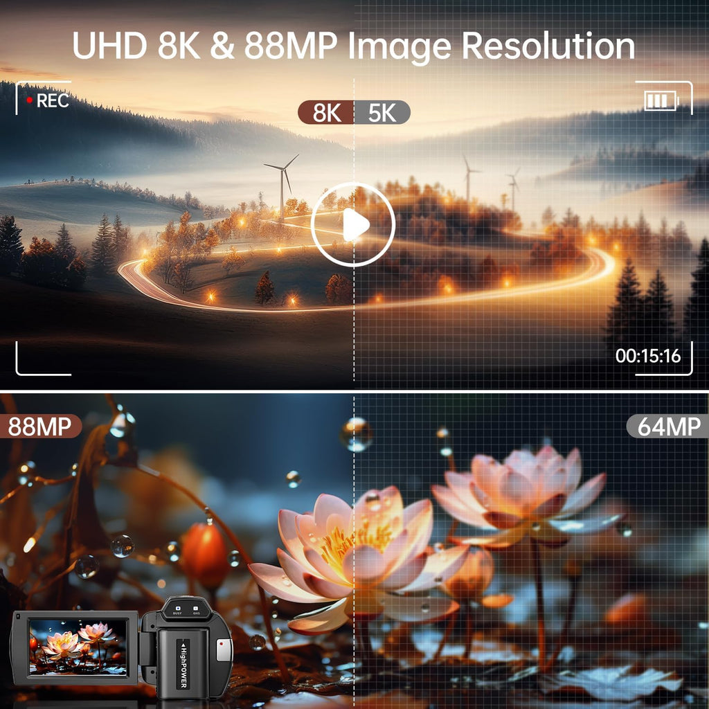 8K Video Camera Camcorder 88MP UHD WiFi Vlogging Cameras for YouTube 18X Digital Zoom IR Night Vision 3.0''Touch Screen Camera with 32GB Card, Microphone, Stabilizer, Lens Hood, Remote, Batteries